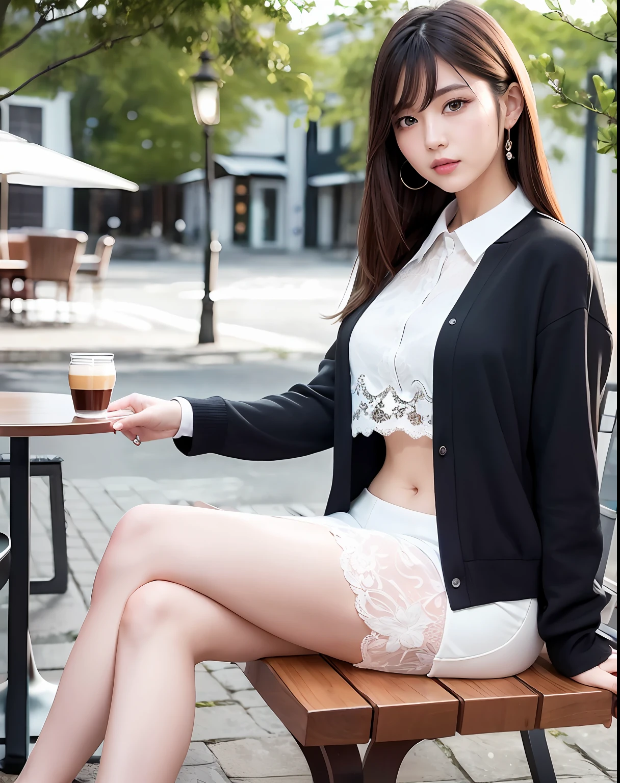 NSFW, (8k, best quality, master:1.2), (realistic, photo-realistic:1.37), super detailed, 1 girl, view, cute, beautiful detailed sky, detailed café, evening, sitting, dating, (nose red), sitting at the table, afternoon tea on the table, (smile: 1.15), (shut up) medium chest, beautiful delicate eyes, (collared shirt: 1.1), daytime, sun, professional wear, rain, white lace, (long hair: 1.4), silver NovaFrogStyle, uniform, white skin, movie lights, sunlight, street lights, (av actress: 4), full body shot, (coffee table: 1), (handbag: 1), ulzzang -6500-v1.1:0.3, karinak-4501-6300 :1.2