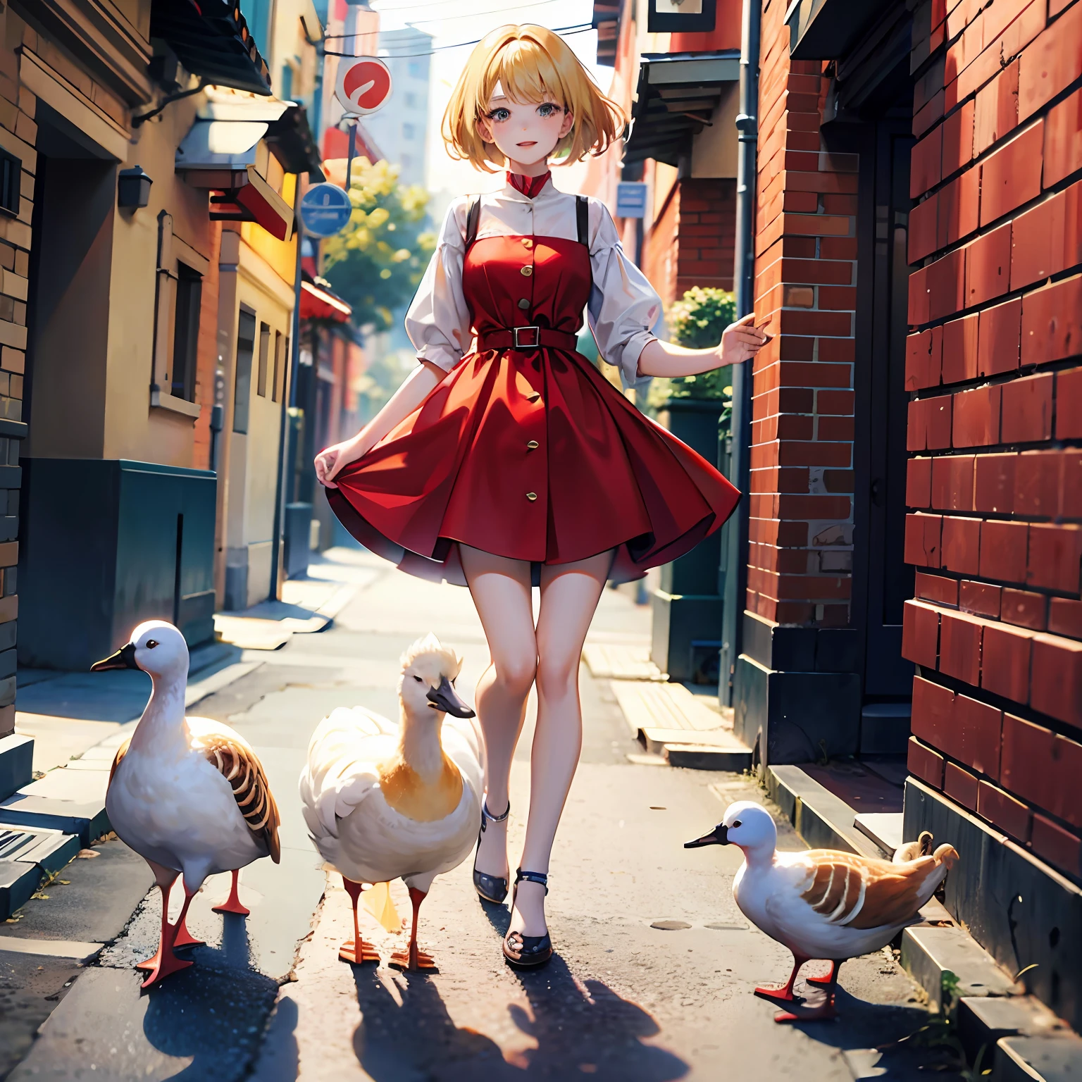 girl in red dress, short hair, blonde, pet, goose, friends, happy --auto --s2