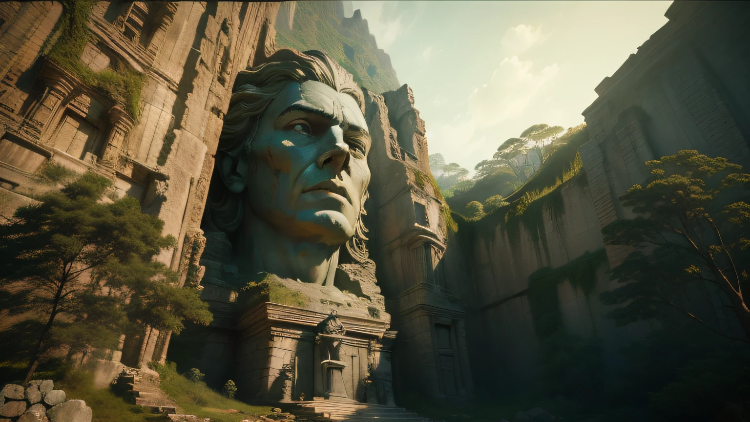 there is a large stone statue of a man in the mountains, realistic maya, futuristic ruins, awarded on cgsociety, cinemática, still image from tv series, giant head statue ruins, in-game footage, latino features, atlantis, face shown, realistic shaders