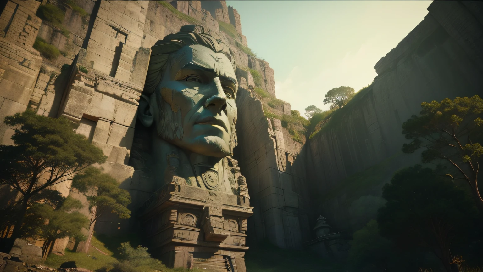 there is a large stone statue of a man in the mountains, realistic maya, futuristic ruins, awarded on cgsociety, cinemática, still image from tv series, giant head statue ruins, in-game footage, latino features, atlantis, face shown, realistic shaders