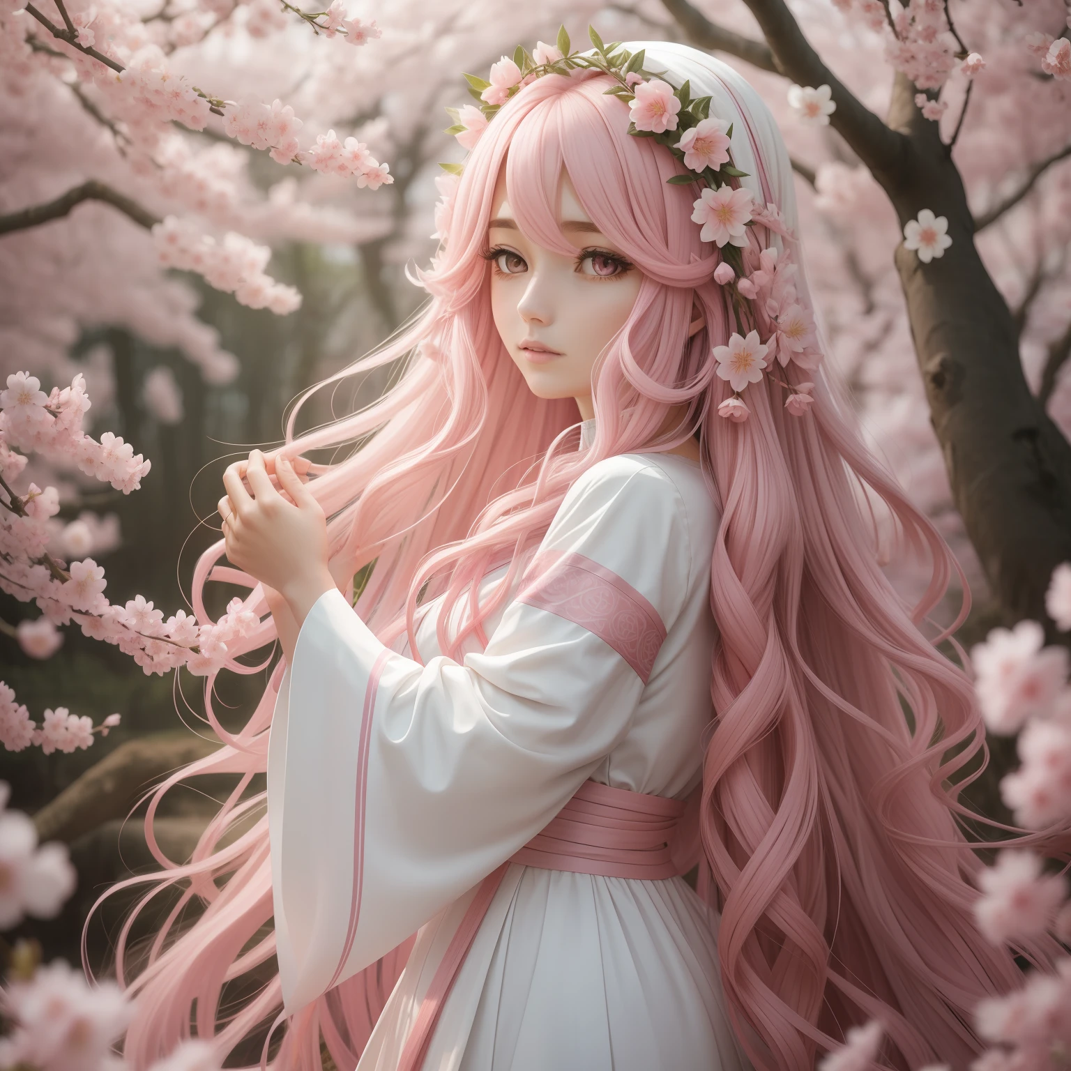 woman, wavy long hair, pink hair, pink eyes, nature, healer, mystic, sakura, white dress