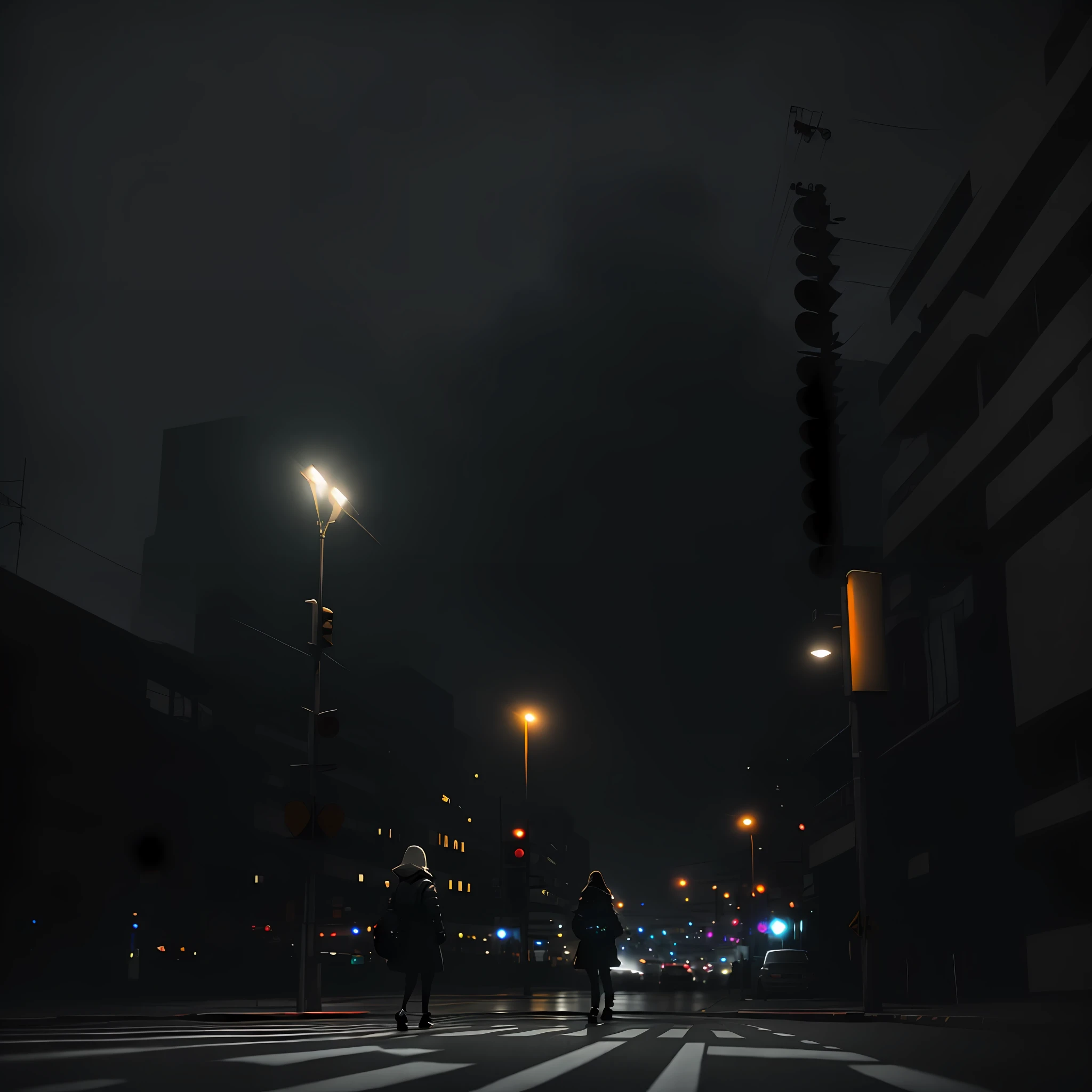 A photo of a woman crossing the crosswalk, (((there is no one around))). A car comes in the direction of the camera, you can tell by the lights. It's night in the city and the atmosphere is dark. The woman is noted by the slender silhouette and the large breasts. Wide shot. ((Photo at a distance)). Realistic. Photon mapping. Detailed lighting. Cinematic lighting.