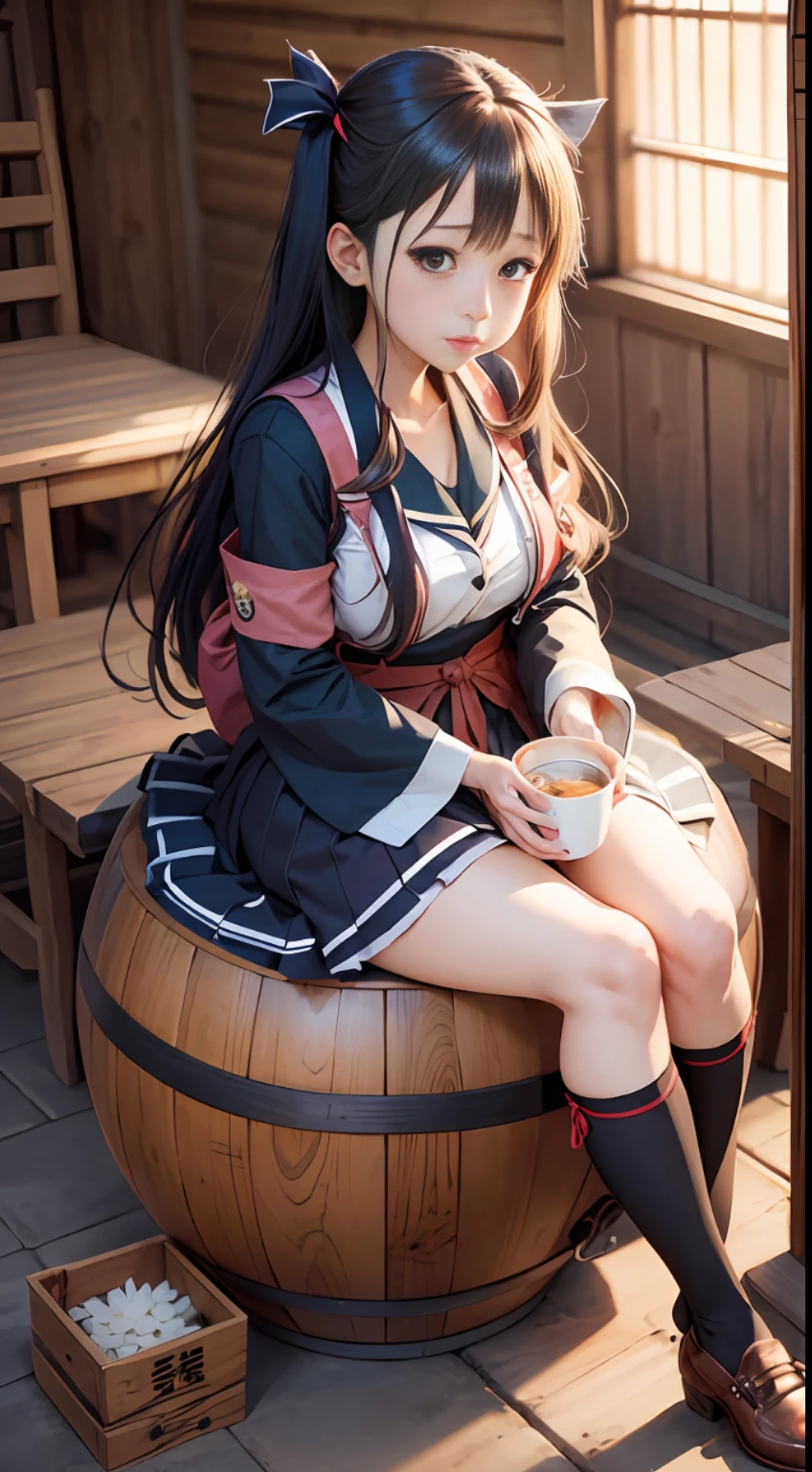 a woman sitting on a barrel with a pot in her hand, full color manga cover, nagatoro, konpeki no kantai, kancolle, iwakura lain, japanese light novel cover, light novel cover art, by Jin Homura, shojo manga, by Junsaku Koizumi, ikki tousen, seifuku, doujin --auto --s2