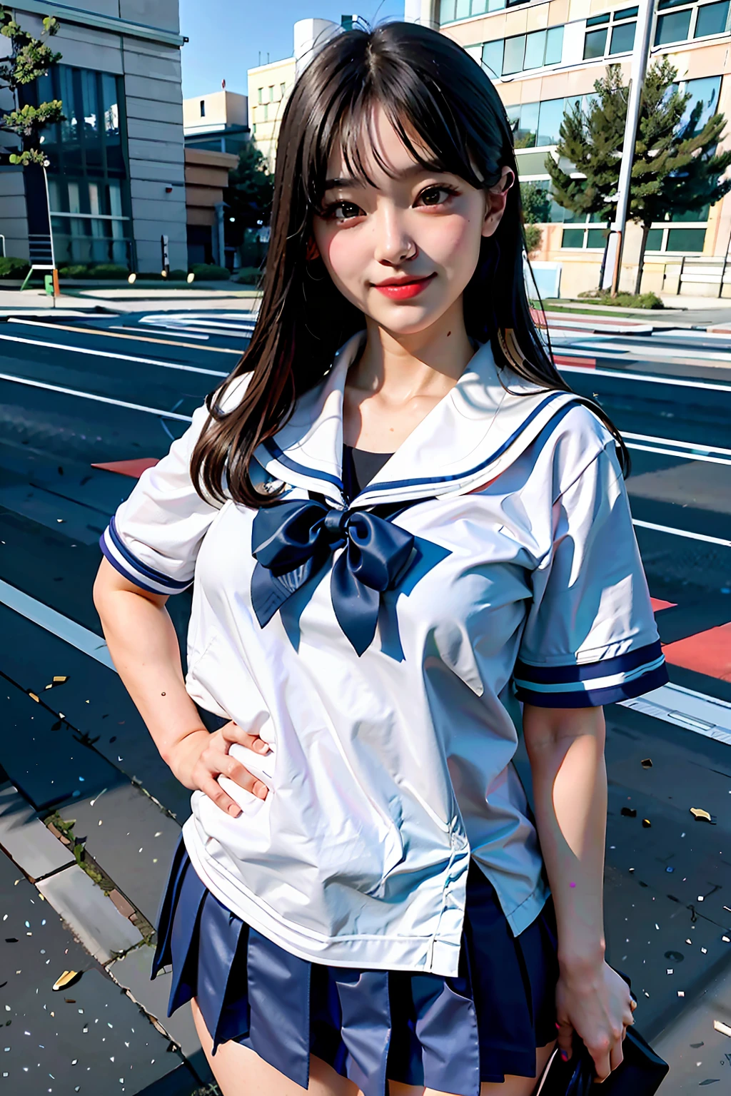 (photogenic, masterpiece:1.5, campus, Group), student uniform, sailor suit, mini-skirt, voluptuous body, beautiful face, 3D, japan, High school student, Group photo, schoolyard, school uniform, real, Perspective from a distance