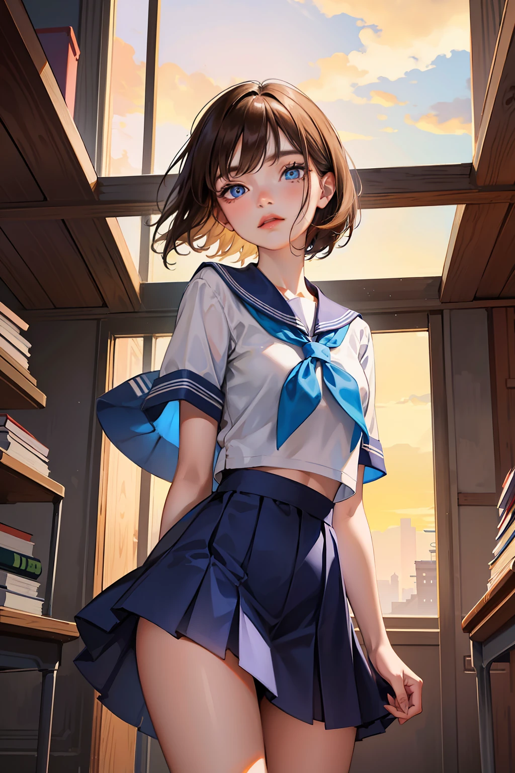 One woman, photo quality, 8K CG, perfect and beautiful face, 18 years old, classroom, perfect and beautiful legs, very precise and beautiful blue eyes, short hair, looking backwards over shoulder, sunset, blue girl School uniform, arms folded behind, very precise and perfect fingers, both arms in the correct position, very short skirt, light wind, brown hair, angle from below