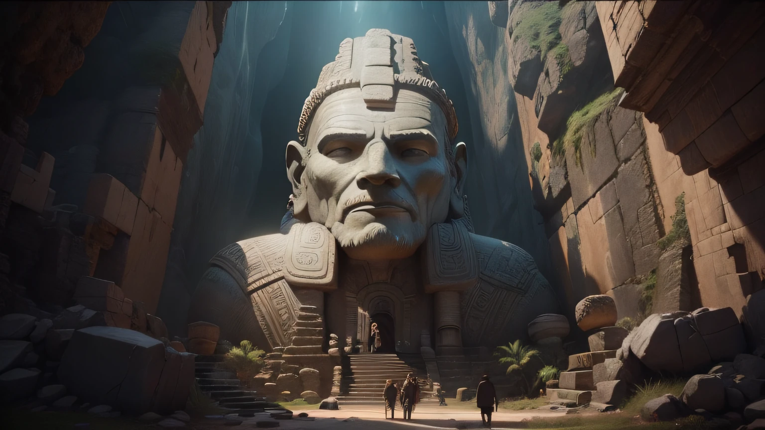 there is a statue of a man in a hat in a cave, cinematic cgsociety, in the art style of quetzecoatl, still image from the movie, giant head statue ruins, inspired by Karel Dujardin, inca themed smooth, travel ad, the witness