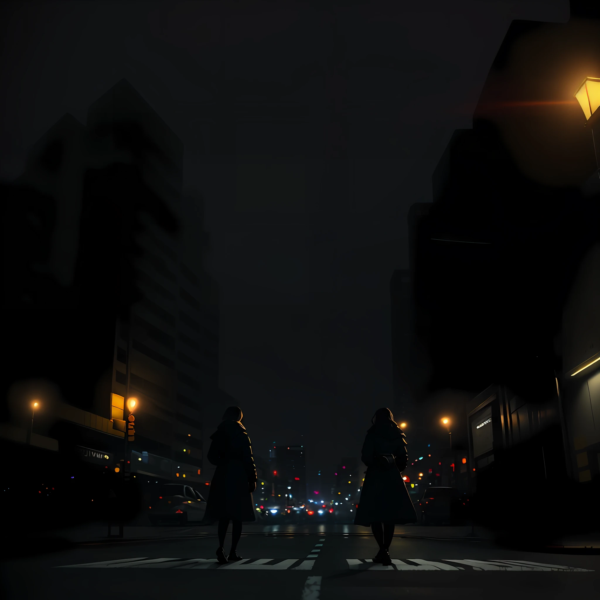 A photo of a woman crossing the crosswalk, (((there is no one around))). A car comes in the direction of the camera, you can tell by the lights. It's night in the city and the atmosphere is dark. The woman is noted by the slender silhouette and the large breasts. Wide shot. ((Photo at a distance)). Realistic. Photon mapping. Detailed lighting. Cinematic lighting.