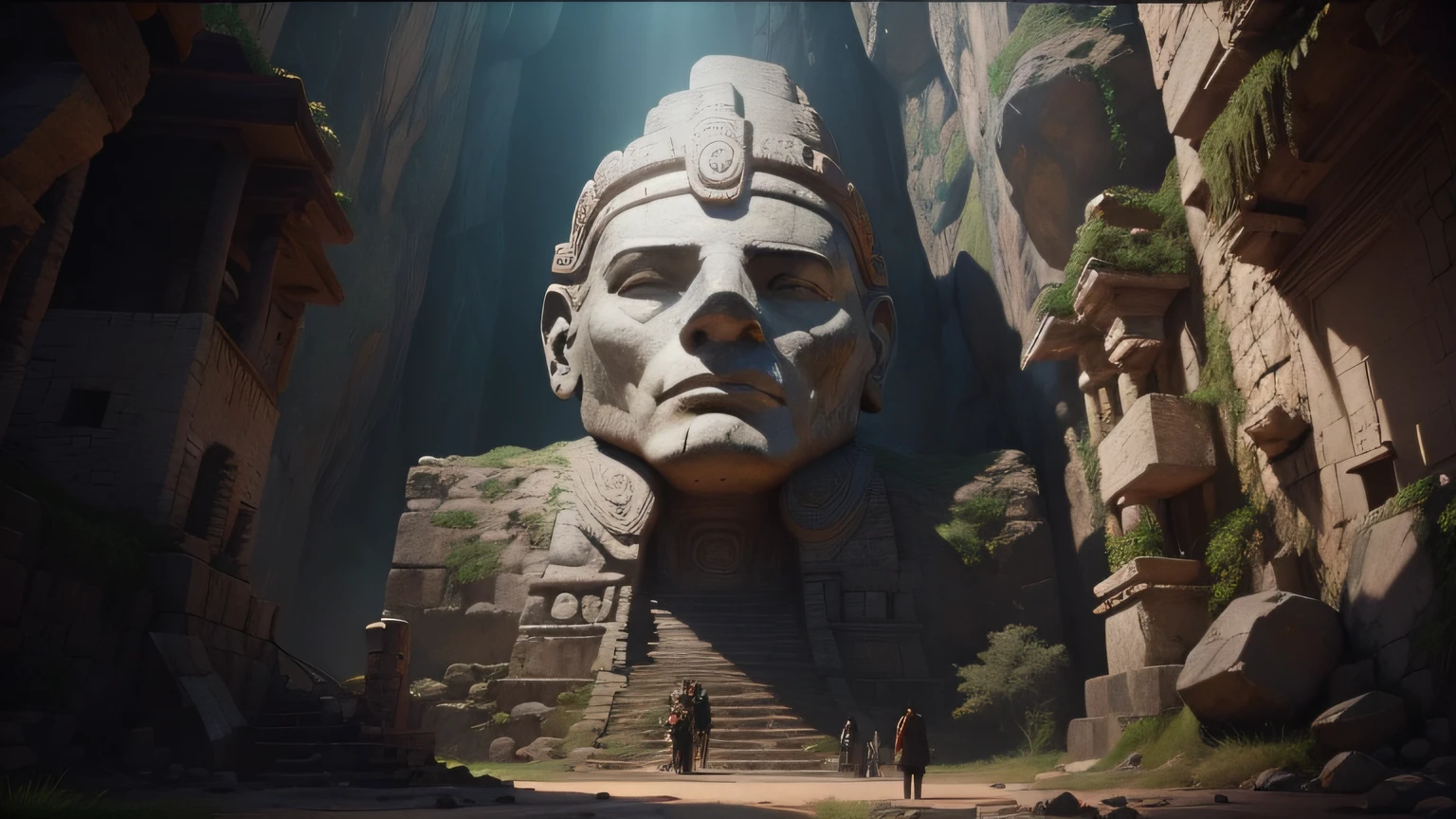 there is a statue of a man in a hat in a cave, cinematic cgsociety, in the art style of quetzecoatl, still image from the movie, giant head statue ruins, inspired by Karel Dujardin, inca themed smooth, travel ad, the witness