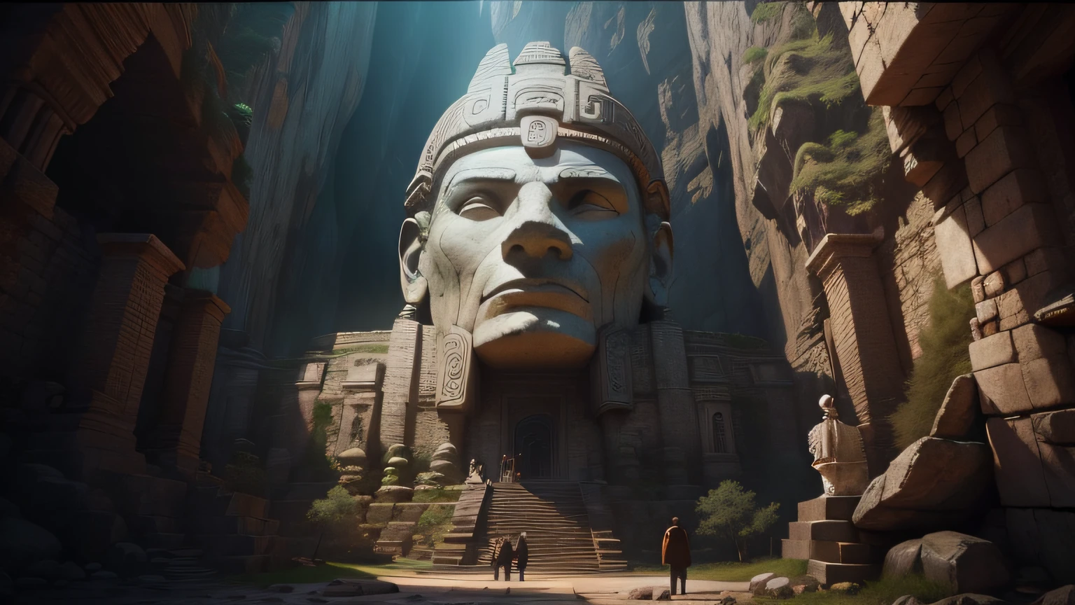 there is a statue of a man in a hat in a cave, cinematic cgsociety, in the art style of quetzecoatl, still image from the movie, giant head statue ruins, inspired by Karel Dujardin, inca themed smooth, travel ad, the witness