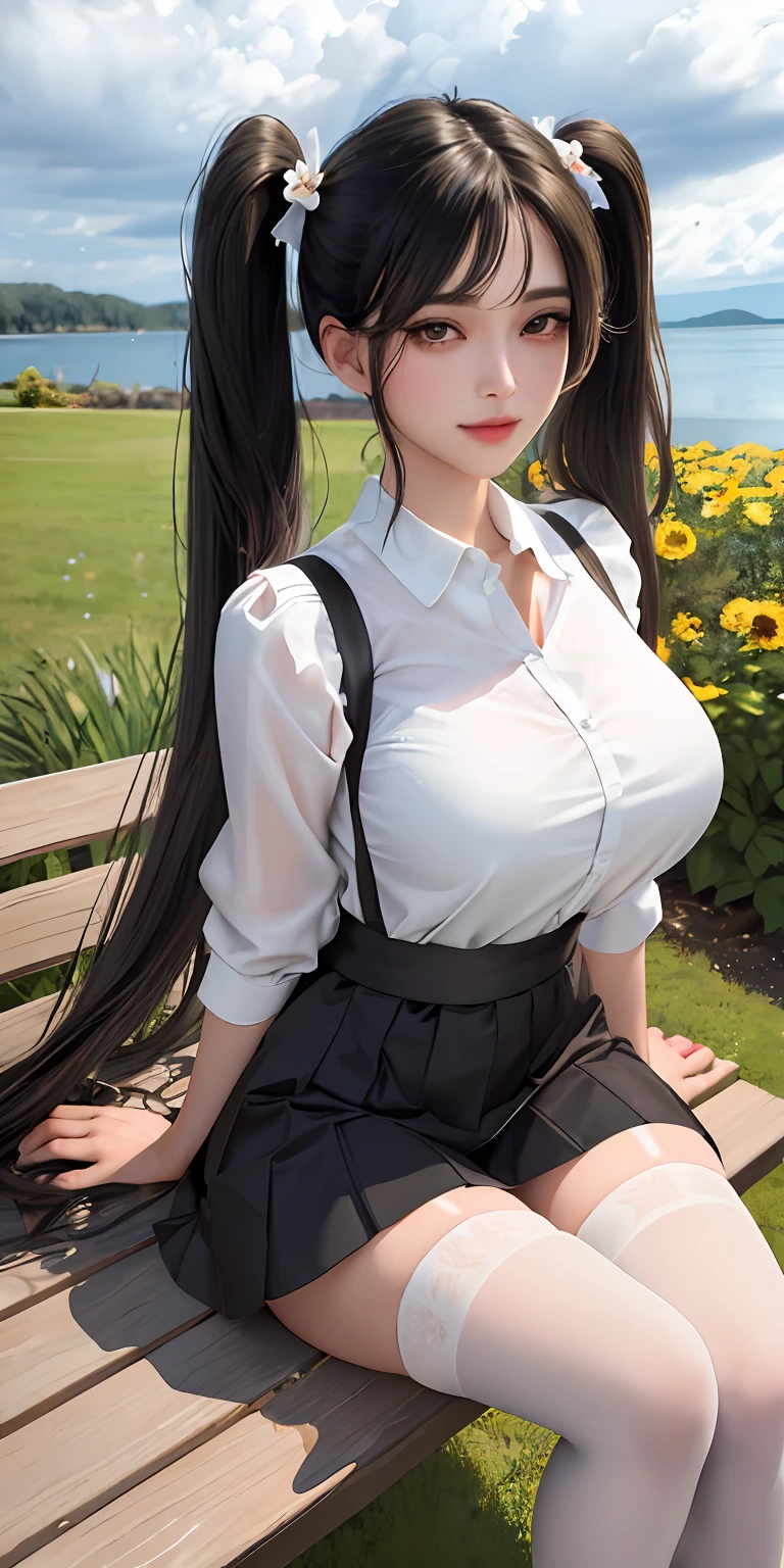 RAW, 1girl, pure eros face,solo, colorful, (masterpiece, best quality:1.3), (absurdres:1.3),(photorealistic:1.3), (detailed skin:1.3, detailed face:1.3), sitting, beautiful face, beautiful eyes,looking at viewer, sharp focus, delicate, (beautiful cute_girl:1.3), (large breasts,narrow :1.1,thick thighs:1.2,), longeyelashes,(hands_on_hips, hand_on_hip, spread_arms,),(shiny skin), light smile, (black_very_long_twintails:1.3),(big_eyes:1.2, brown_eyes), (brown_gloss_eyeshadow:1.2), pink_lips, white frilled shirt, beige_suspender skirt / black_pantyhose, willow, wooden bench, flower, grass, lake, (cloudy sky:1.3), (rain:0.5),