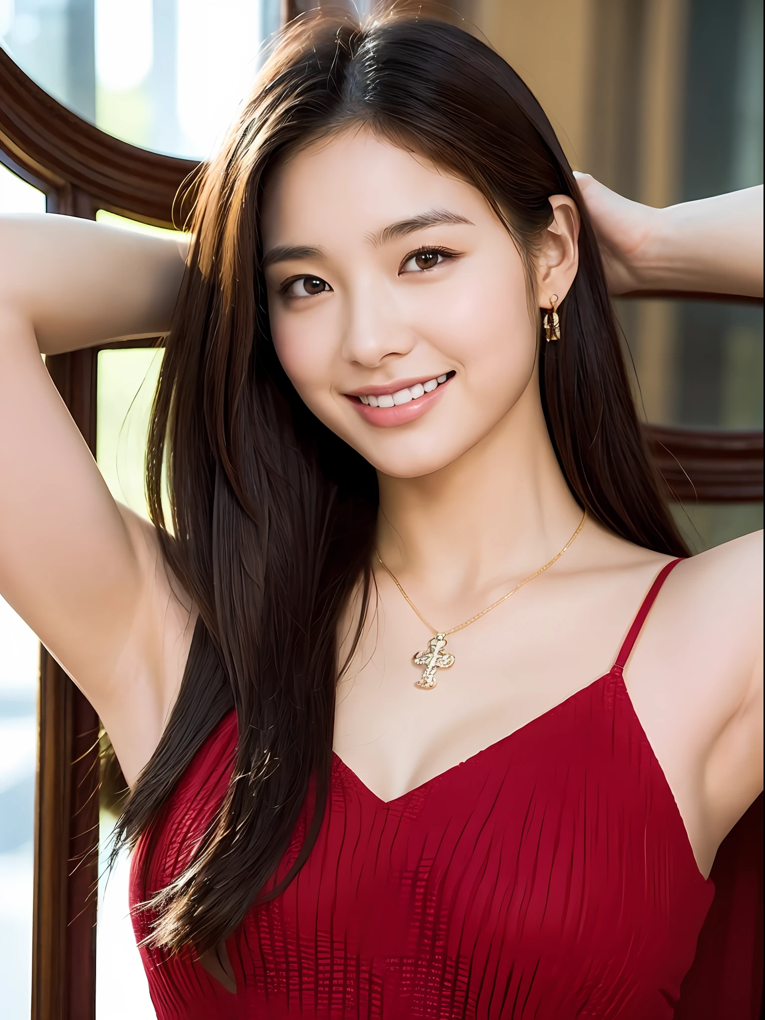 18 year old girl with perfect face and big breasts, café, arms behind head, smiling, cute wine red dress, slim and slender physique. The skin has detailed and highly detailed eyes (1.1 emphasis), very detailed skin texture (1.1 emphasis). slender necklace, model photo style, photorealistic,
Skin texture is actual human skin texture, detailed skin pores, intricate details, eyes are very detailed,