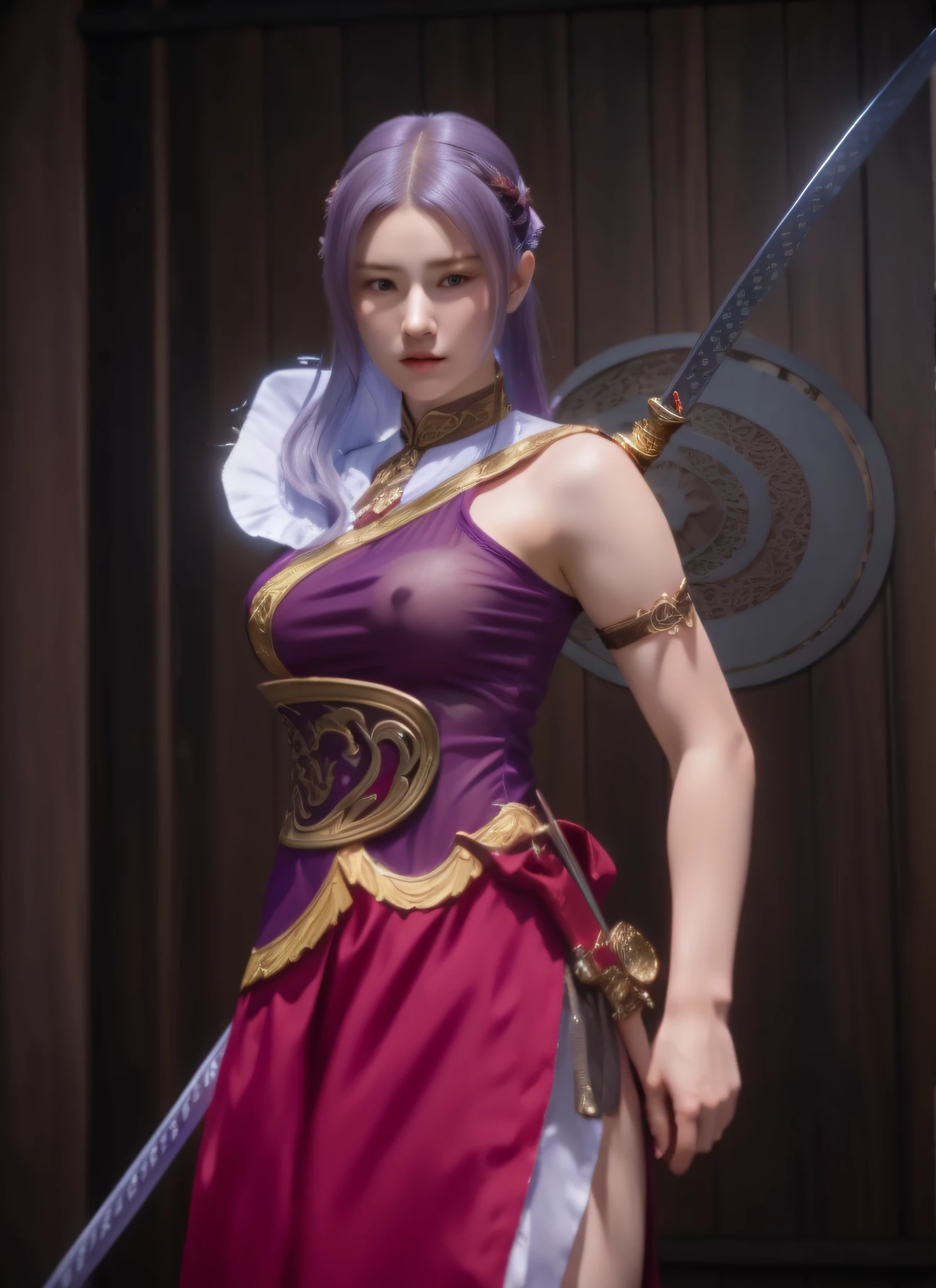 a close up of a woman in a purple dress holding a sword, a character portrait inspired by Lan Ying, trending on cg society, shin hanga, full body xianxia, katana zero video game character, lunar themed attire, game cg, yun ling, xianxia hero, as a character in tekken, warrior outfit, final fantasy character, fighting game character, (masterpiece:1.4), (8k, photorealistic, RAW photo, best quality: 1.4), japanese, beautiful face, (realistic face:1.4), (high detailed hair:1.3), beautiful hairstyle, realistic eyes, beautiful detailed eyes, (realistic skin:1.3), beautiful skin, attractive, ultra high res, ultra realistic, highly detailed, golden ratio, (detailed face:1.4), (realistic medium breasts:1.4), (braless:1.4), perky_nipples, see-through outfit, transparent outfit, (nsfw:1.3)