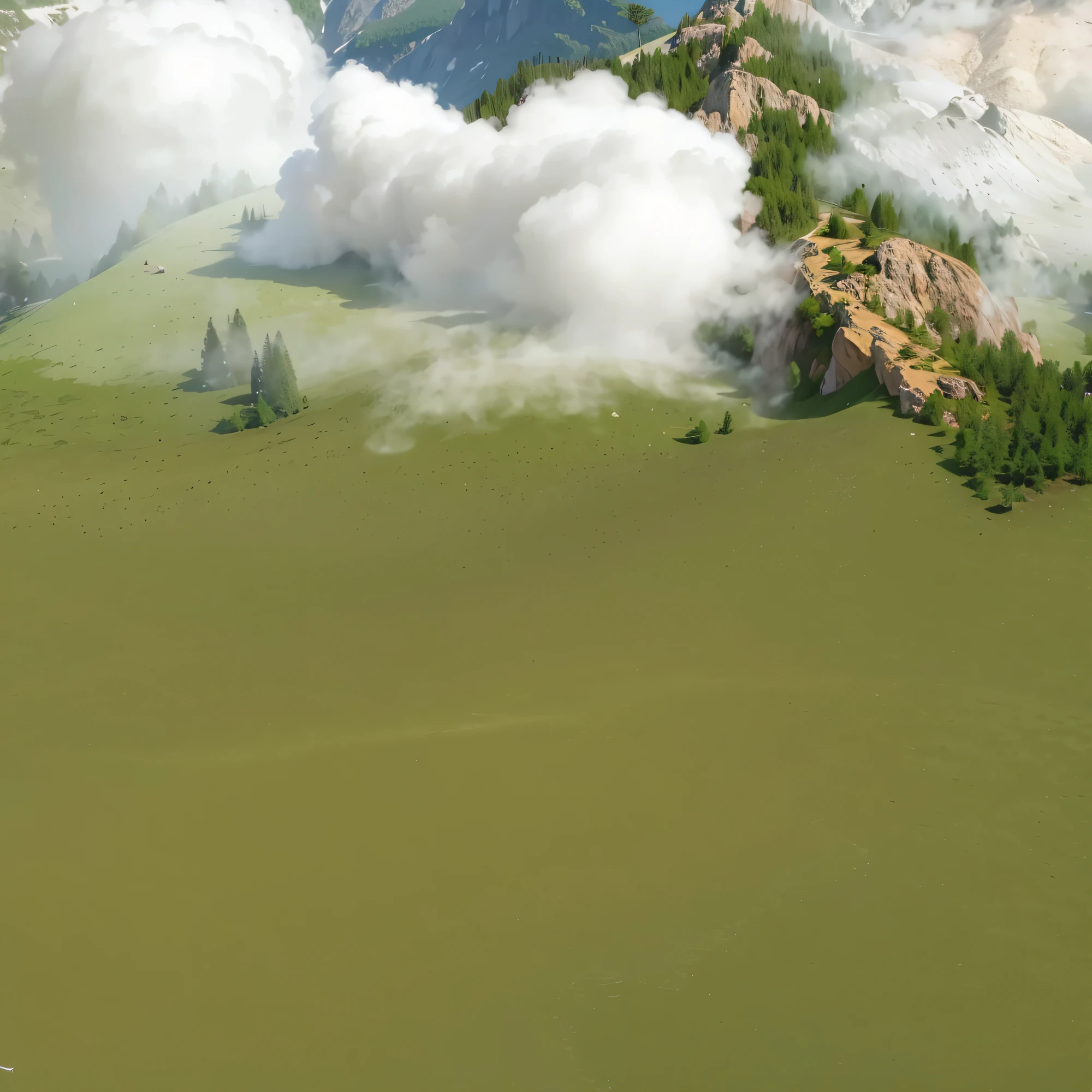 (8k, RAW photo, best quality, masterpiece: 1.2), (realistic, photorealistic: 1.37), stereoscopic, strong contrast, in midday sun, mountain, river, ocean, terrain, cliff, coast, bush, cloud, field, forest, grass, green_theme, landscape, mountain, nature, no_humans, on_grass, outdoor, path, plant, river, rock, landscape, tree