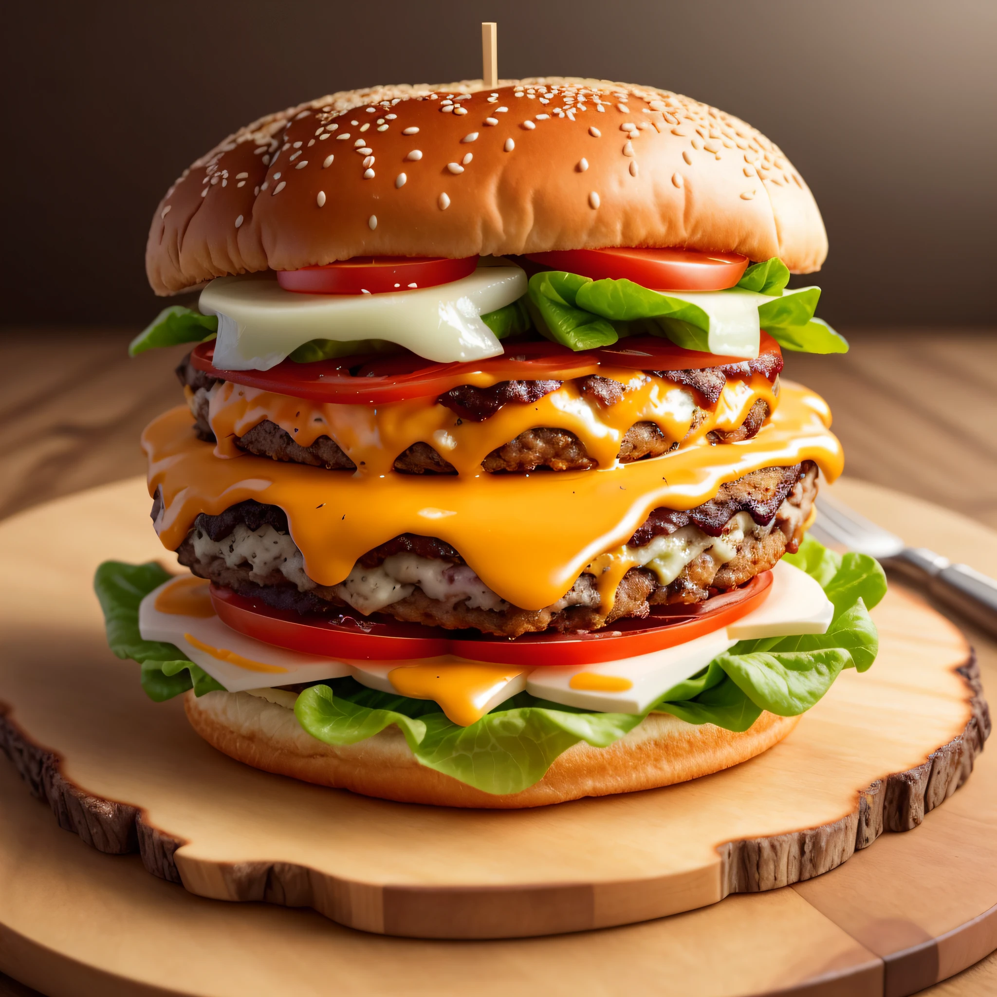 araffe with cheese, lettuce, tomato, and cheese on a wooden board, super realistic food picture, cheeseburger, big juicy burger, hamburger, photo realistic image, burger, burger with a mouth, a hyper realistic, a photorealistic rendering, high quality food photography, high quality 3d realistic, photorealistic illustration, realistic rendering, burger on a plate