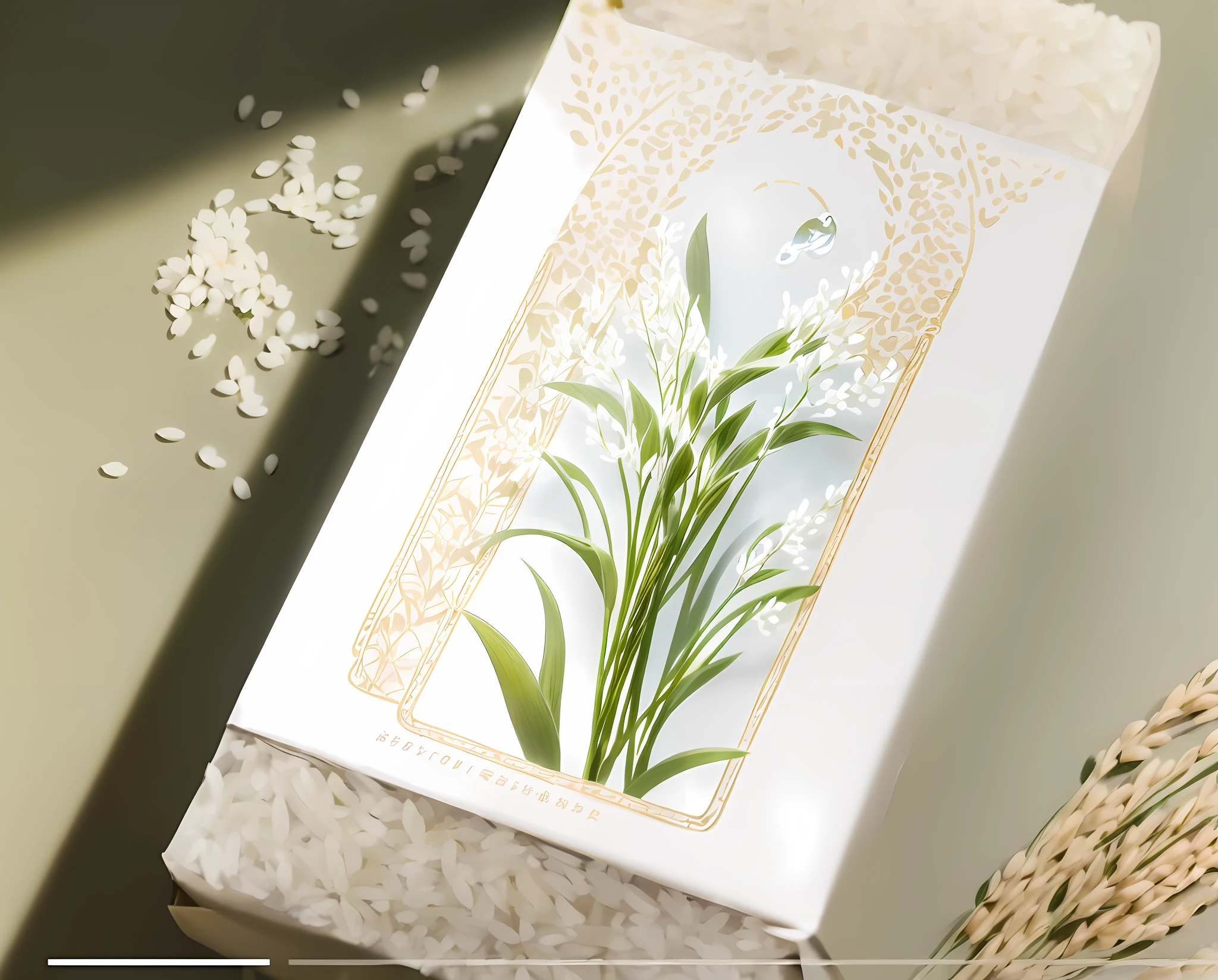 "(((best quality))),(((ultra detailed))),(((masterpiece))),illustration, An exquisite prompt featuring the packaging design for a spring-themed rice product, specifically focusing on water rice. The viewpoint is from a slightly elevated angle, presenting the product in a visually appealing and enticing manner. The central element of the prompt is the depiction of lush, green water rice fields, showcasing the beauty and abundance of the harvest season. The theme revolves around the arrival of spring and the bountiful nature of the rice crop. The packaging design captures the essence of this theme through a harmonious blend of earthy tones, including shades of green and golden hues, symbolizing growth, fertility, and abundance. The outer appearance of the packaging exudes a natural and rustic charm, incorporating elements such as water droplets, delicate rice stalks, and the subtle reflection of sunlight. The background portrays a scenic landscape, featuring picturesque rice terraces, a clear blue sky, and hints of blooming flowers, creating a serene and captivating ambiance. The prompt emphasizes the premium quality and freshness of the water rice, positioning it as a choice that connects consumers to the beauty of nature and the essence of the spring season. Overall, the illustration captures the captivating allure of water rice in spring, enticing customers with its visual charm and promising a delightful culinary experience."