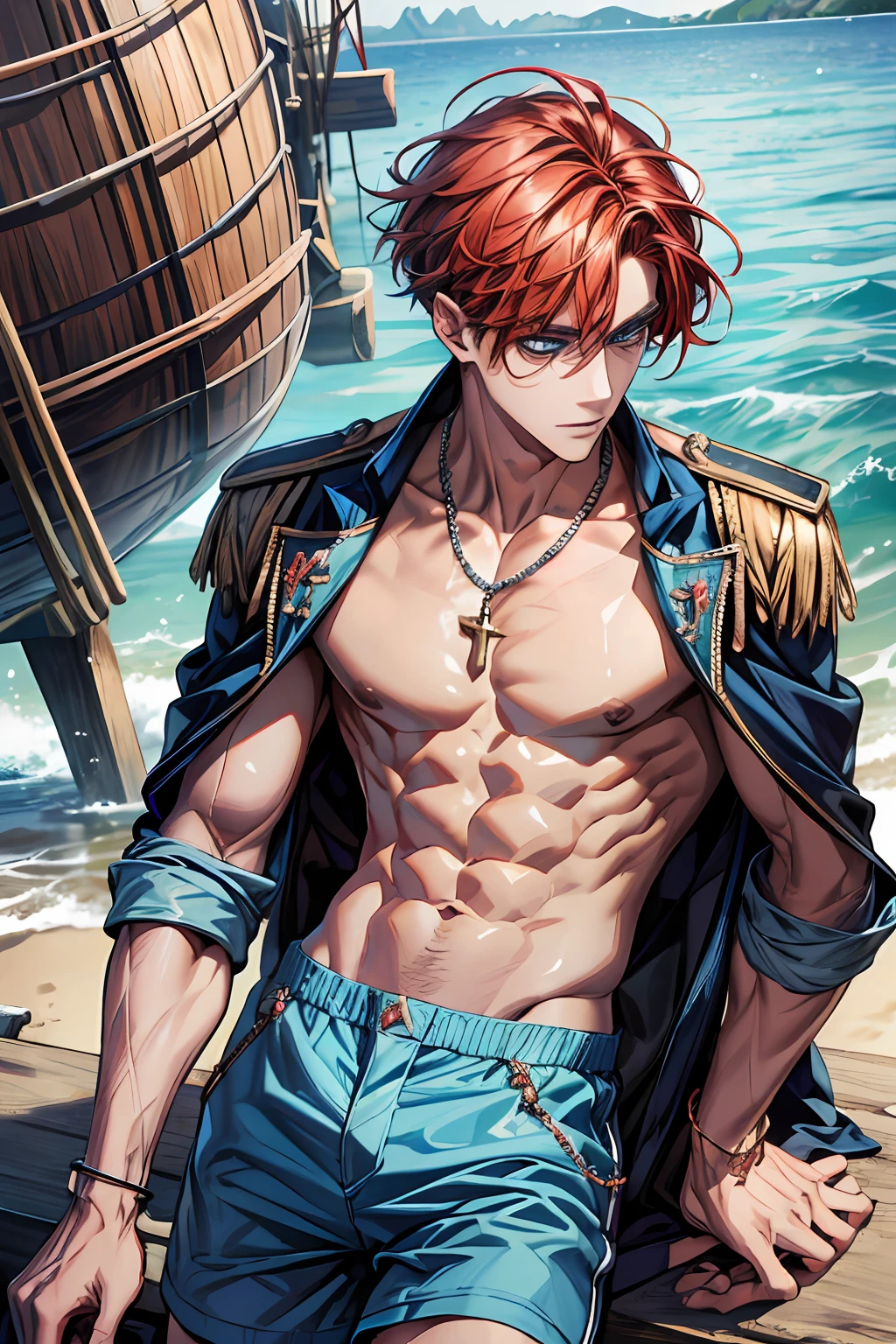 half body shot, (absurdres, highres, ultra detailed, best quality, masterpiece:1.5),
1boy, male focus, handsome, detailed face, sixpacks abs, attractive, topless male,
red_hair, blue_eyes, shorts, prince, crown, pin, sunrise lighting,
ocean background, ship, blue sky, clouds, sparkling horizon, glittering debris,
add_detail , detailed eyes, handsome male,