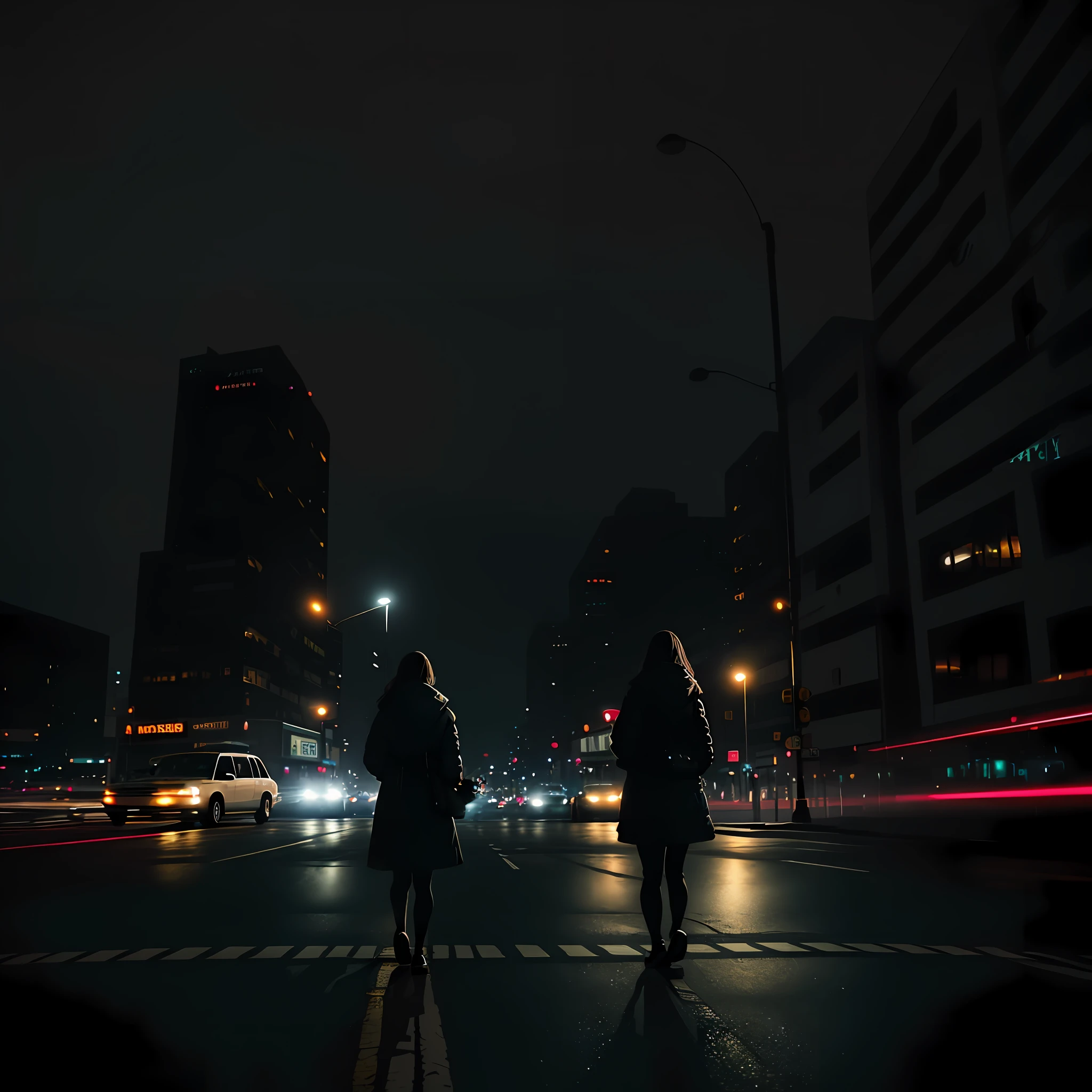 A photo of a woman crossing the crosswalk, (((there is no one around))). A car comes in the direction of the camera, you can tell by the lights. It's night in the city and the atmosphere is dark. The woman is noted by the slender silhouette and the large breasts. Wide shot. ((Photo at a distance)). Realistic. Photon mapping. Detailed lighting. Cinematic lighting.