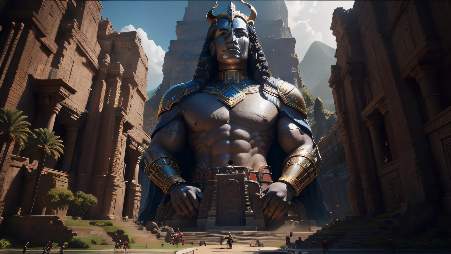 there is a giant statue of a man standing in front of a mountain, film still from 'thor', inspired by Tyler Edlin, ancient india, sexy movie photo, queen of atlantis, gigantic pillars, the sphinx, still frame from a movie, korean mmo, from the mandalorian (2019), egyptian god, emperor of the known universe, monuments