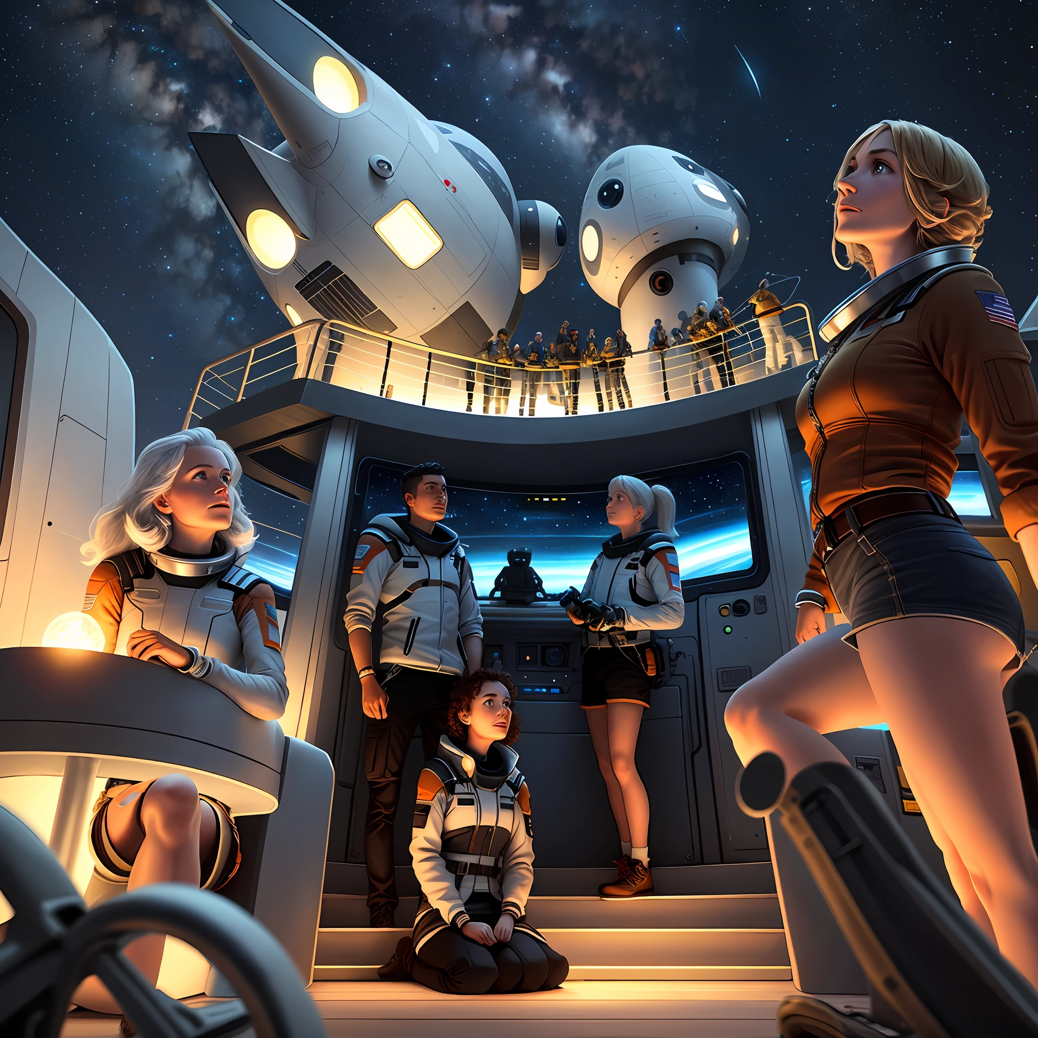 A crew looking up at the stars on the deck of the spaceship