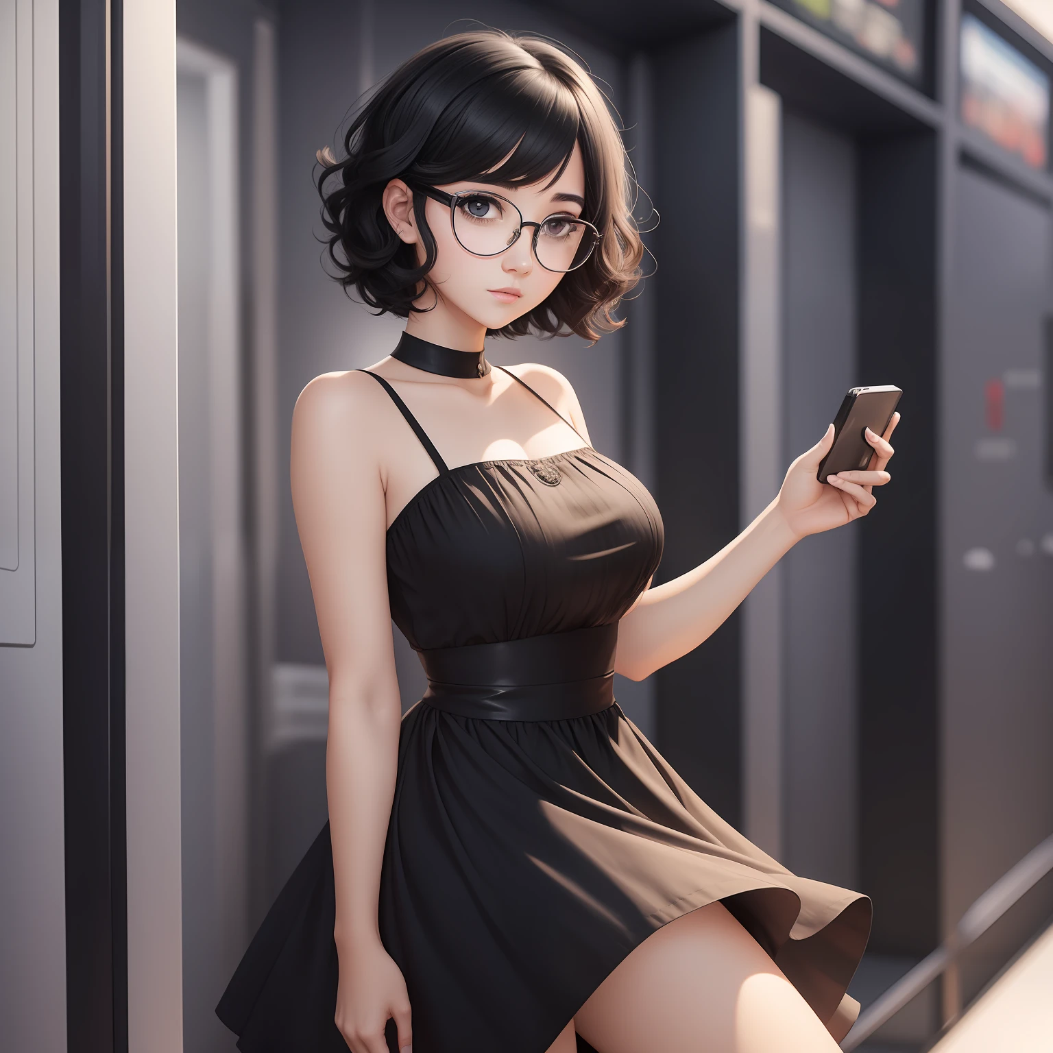 woman, wavy short hair, black hair, black eyes, white dress, games, nerd, big round glasses