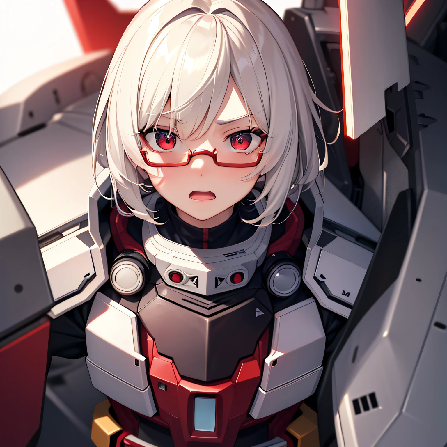 masterpiece , a girl, in battlefield, ( lite white short hair:1.2), (red eyes:1.2), (Mecha:1.2), (looks at the viewer:1.2) , (8k, best quality 1.2), ultra-detailed, 8k uhd, soft lighting, high quality, film grain, beautiful lighting, cinematic ,perfect body , best illumination, best shadow, sharpness, contrast, red glasses, messy hair, tactical vest, gloves, headset, absurdres high detailed face, scared face