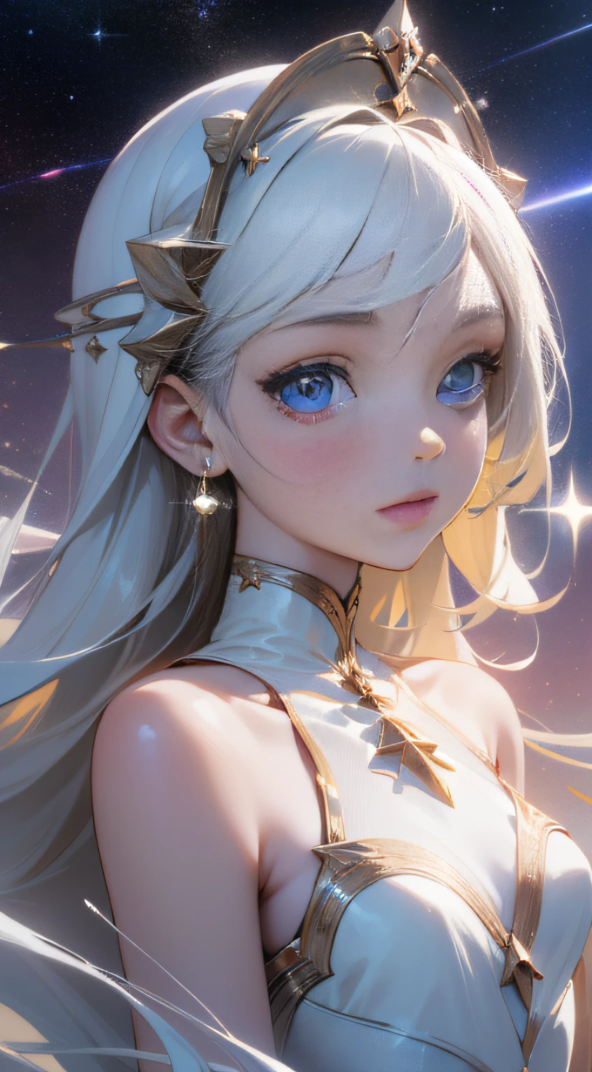 (masterpiece, sidelighting, finely detailed beautiful eyes), 3d face, lustrous skin, sky, stars, space, white dress,