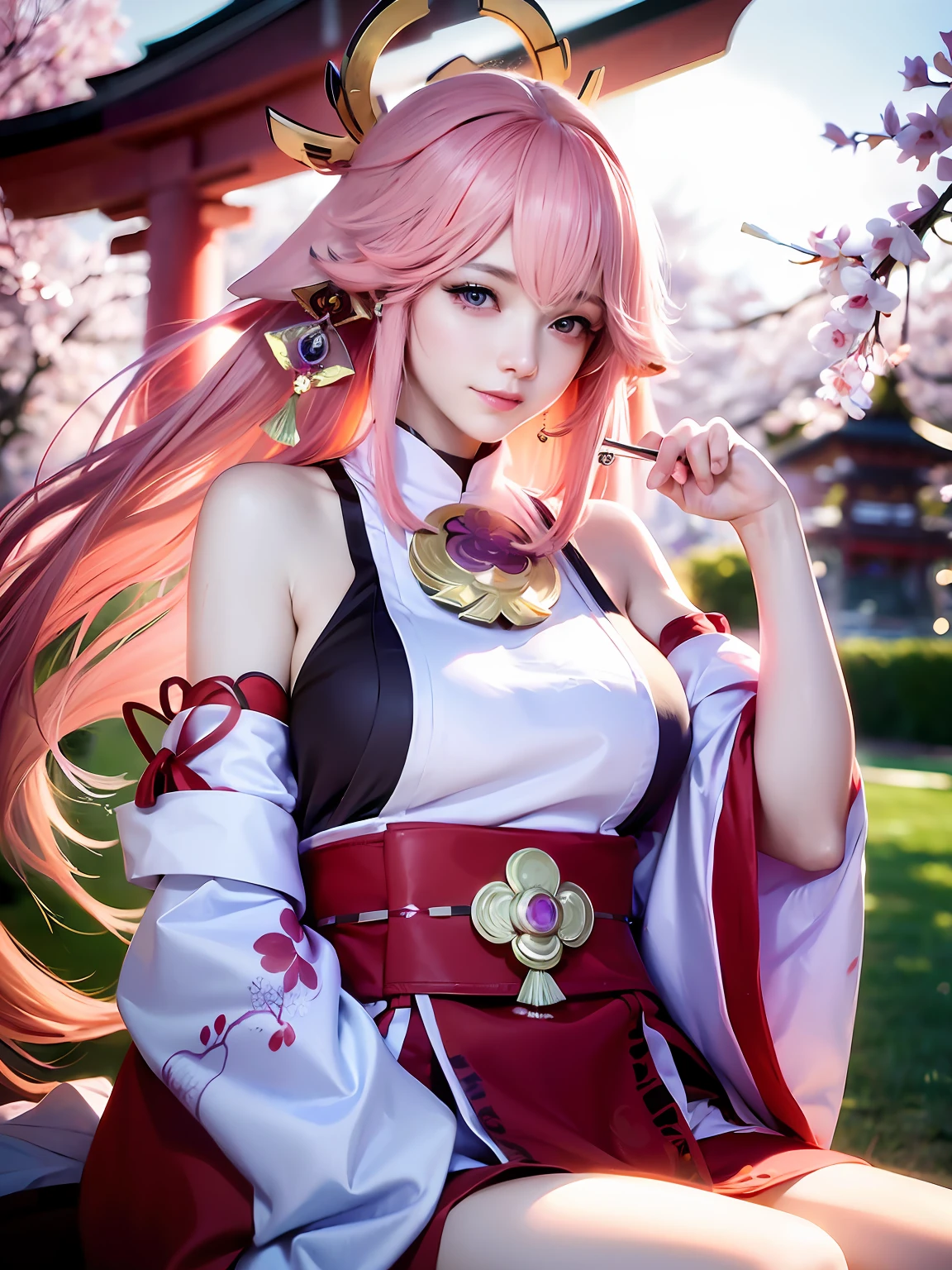 kpop idol, yae miko, detached sleeves, bare shoulders, pink hair, long hair, japanese clothes, best quality, (painting:1.5), (hair ornament:1.35), jewelry, purple eyes, earrings, breasts, torii, cherry blossoms, lantern light, depth of field face focus, ribbon_trim, (looking at viewer:1.25), nontraditional miko, shiny skin, long sleeves, smile, thick lips, hands on lips, east asian architecture, (blurry background:1.2), sitting, upper body,((ultra high res, 8k, RAW photo, best quality, masterpiece:1.47746,realistic:1.4, photo-realistic:1.4,cinematic lighting:1,intricate details:1,raw photo:1))(((ultra-detailed:1.47746))),professional lighting,((physically-based rendering:1)), ((ruddy skin:1,sweat))lens flare,ray tracing ,(extremely detailed face, beautiful detailed eyes,expressive hair:1.5,shiny hair;1)cinematic lighting,(vivid expression) (body muscle:1) solo(1girl:1.5)((smiling:1),(plump figure:1,blance body:1)(realistic hand,realistic clothes)