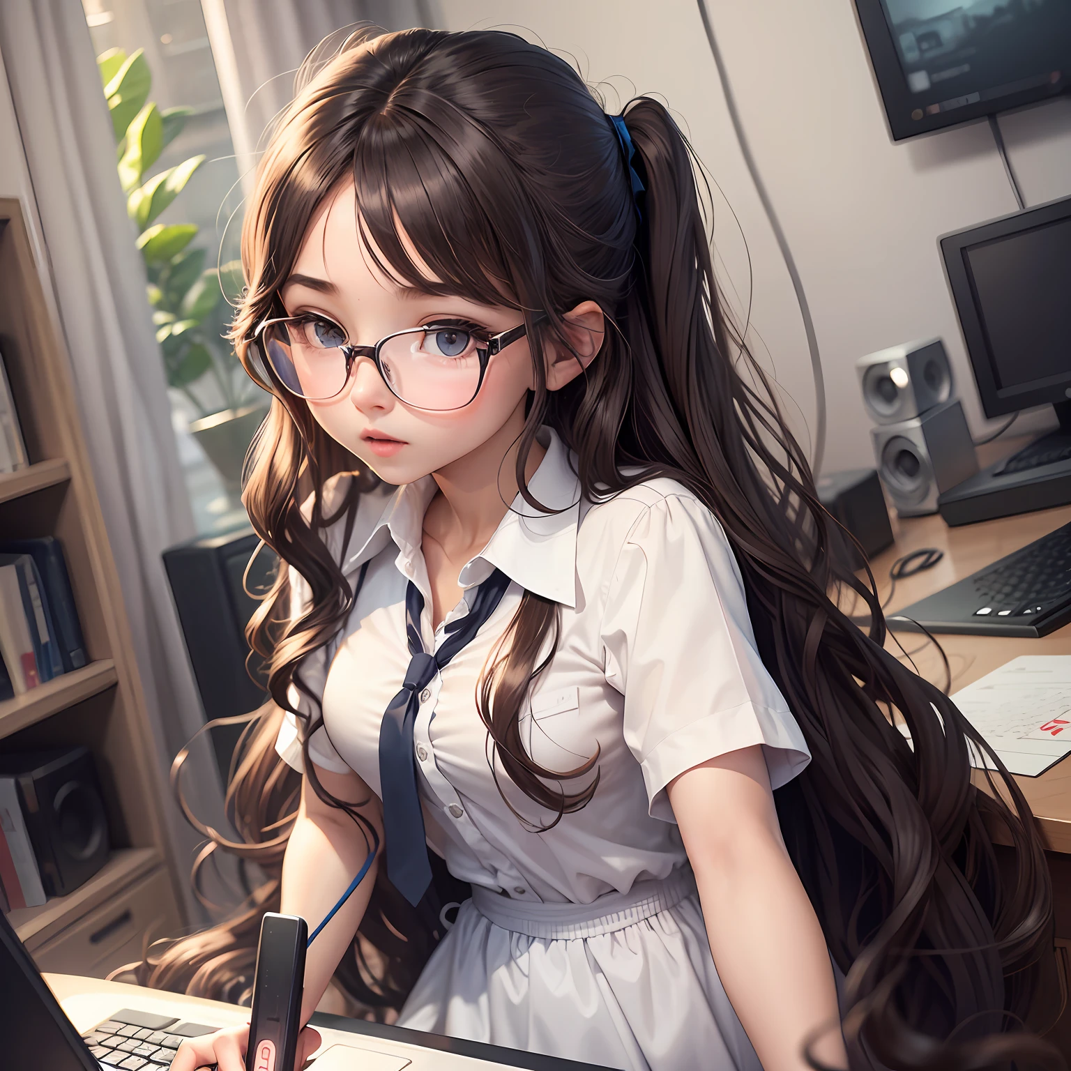 girl, games, girl with glasses, wavy long hair, brown eyes, white dress shirt, playing, computer --auto --s2