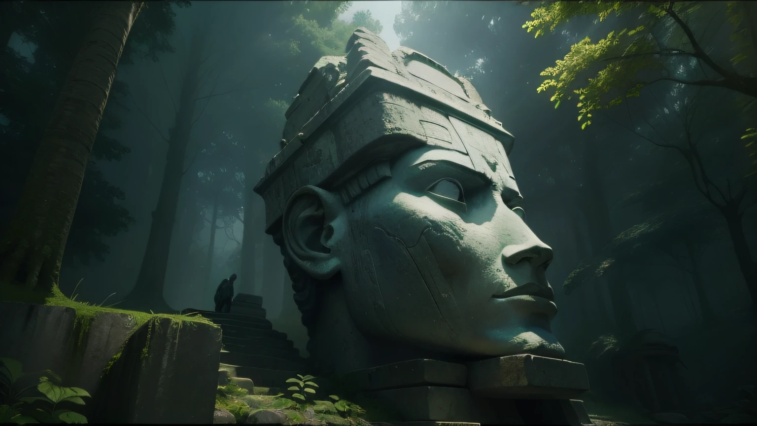 there is a stone statue in the middle of a forest, unreal maya, promotional movie still, by Simon de Vlieger, ruins, by Víctor Manuel García Valdés, aspect ratio 16:9, ps 3 graphics, quetzal, cinema still, filmstill, inspired by James Cadenhead