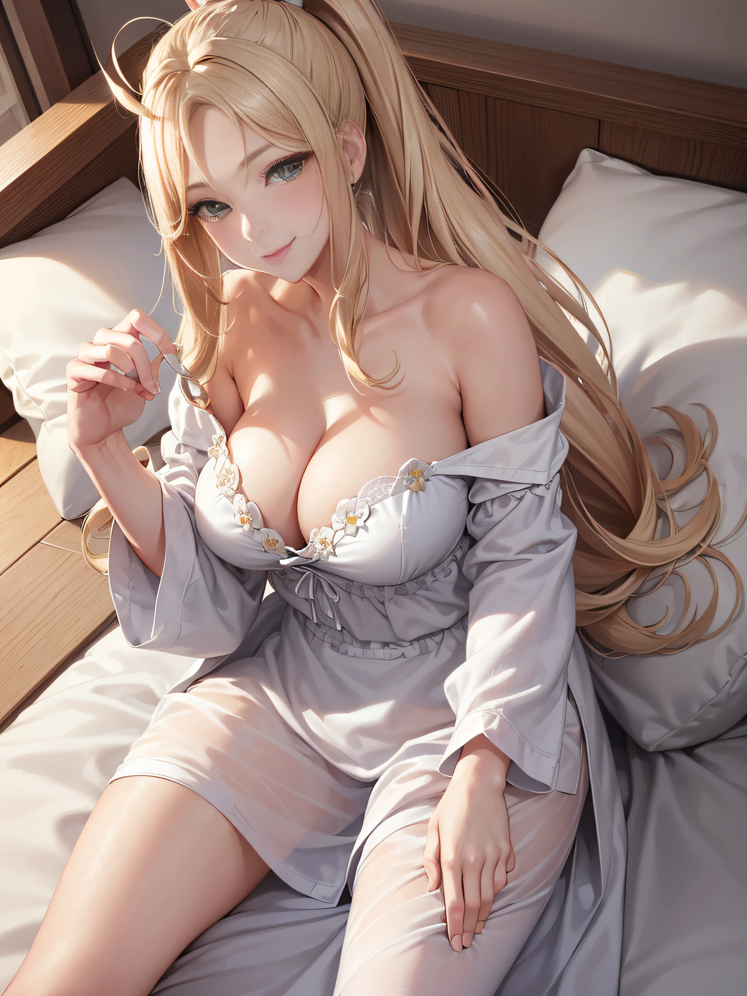 Masterpiece, Best Quality, Official Art, (Highly Detailed CG Unity 8k wallpaper), Detailed background, (Hands by Guido Daniele: 1.1), Feet out of frame, First Person View, 1, Beautiful woman who is attractive and perfect, Prone on the bed, (Sleepy: 1.14))), (Sticking out the buttocks, Pajamas, Sleepwear, Underwear, White thighs: 1.12), (Blonde long-haired (Ahoge: 1.13), (High Ponytail: 1.12), (Green Eyes: 1.13), Look at the Beholder, Big, (cleavage), Beautiful Face, (Blush: 1.11), (Smile: 1.11)