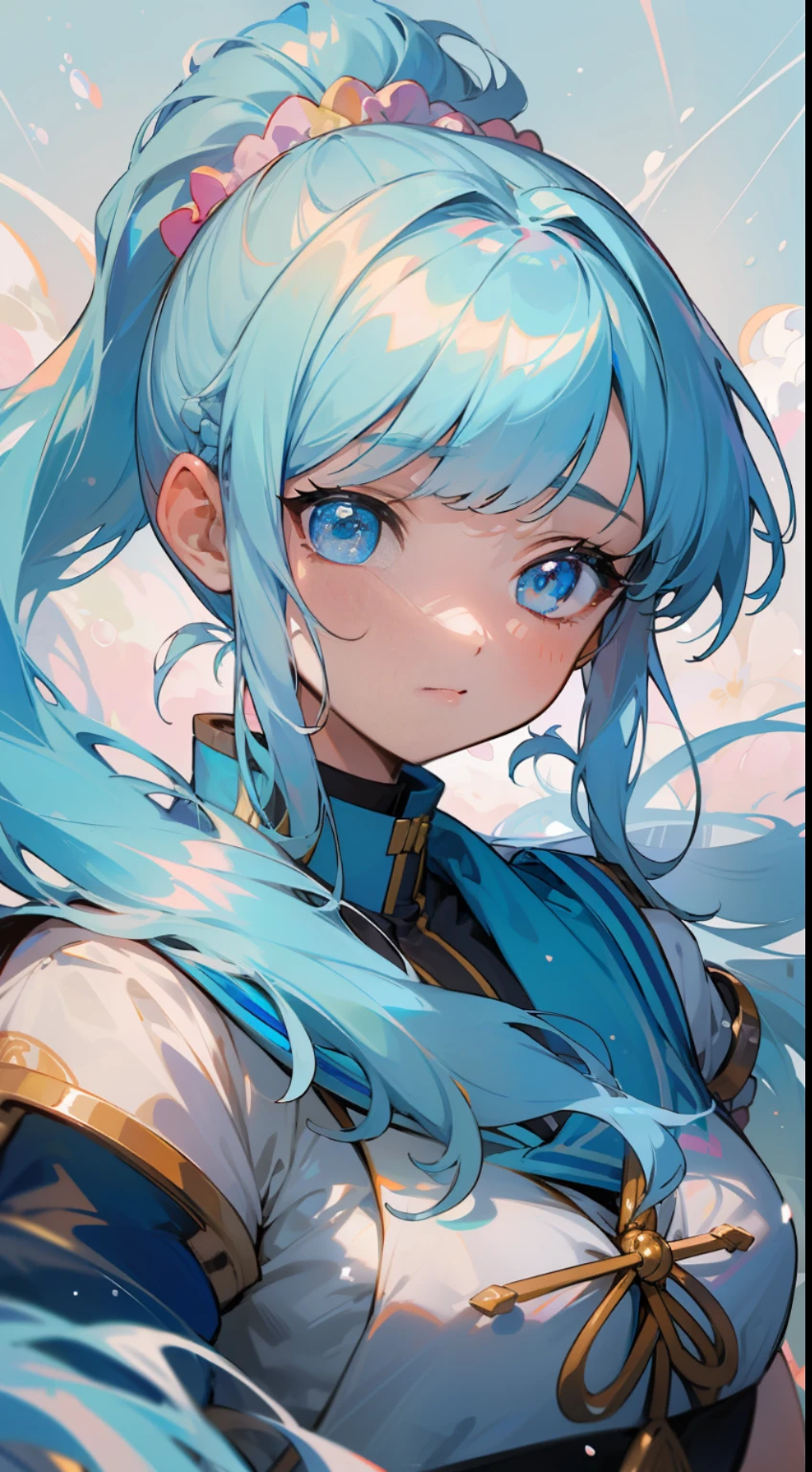 (masterpiece), (best quality), (ultra detailed),(disheed hair),(illustration), (1girl), (Fashionable clothing), standing, Fashion model, looking at viewer, (interview), (simple background), Beautiful detailed eyes, delicate beauty, floating, (high saturation), (colorful splash), colorful bubbles, (shine), focus on the face, ponytail, Ayaka Kamisato, light blue hair, bangs, scrunchies, floating flowers, flowing hair, (shiny), best lighting, best shadows, perfect hands