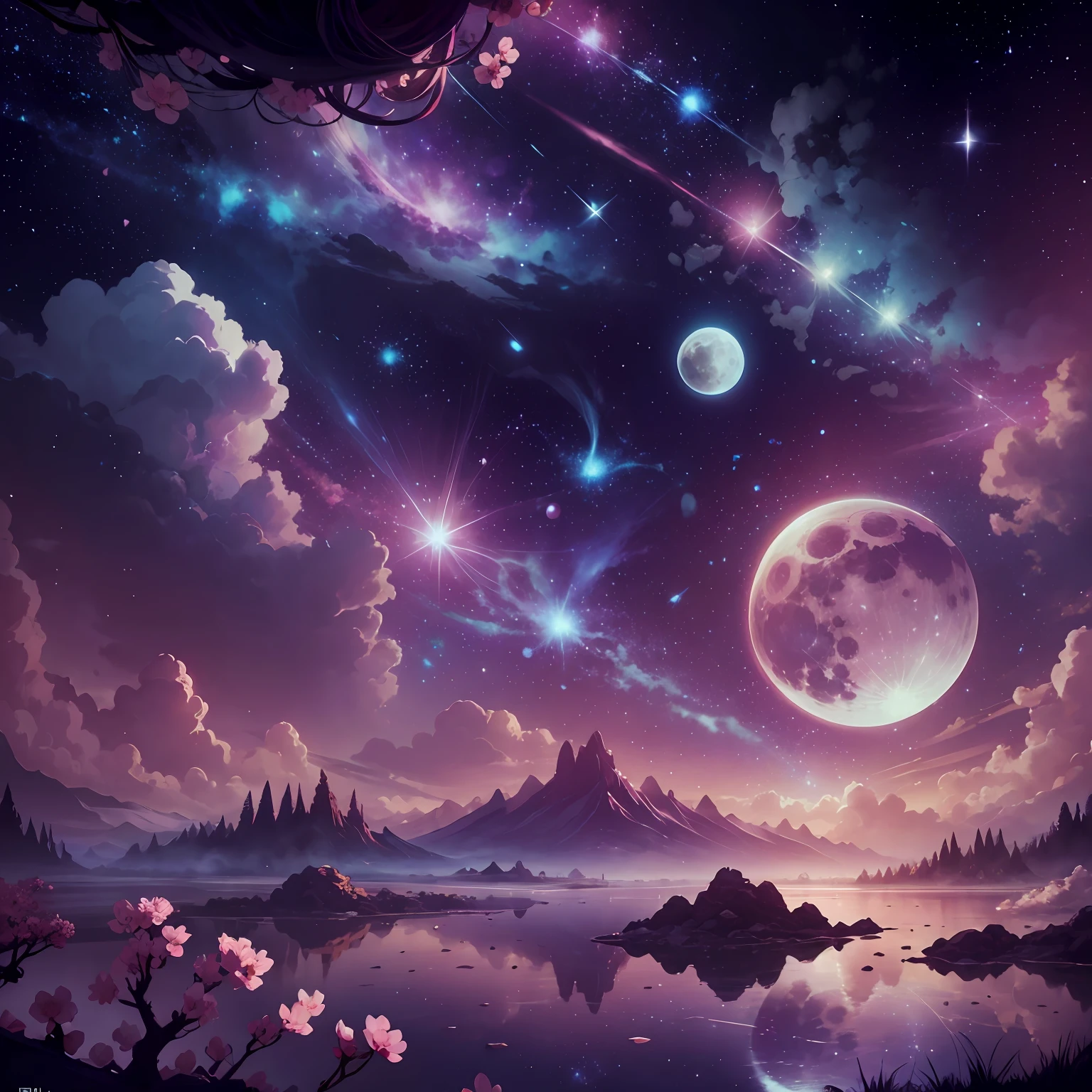 wallpaper, universe, moon, realistic, stars, pink, sakura,, games --auto --s2