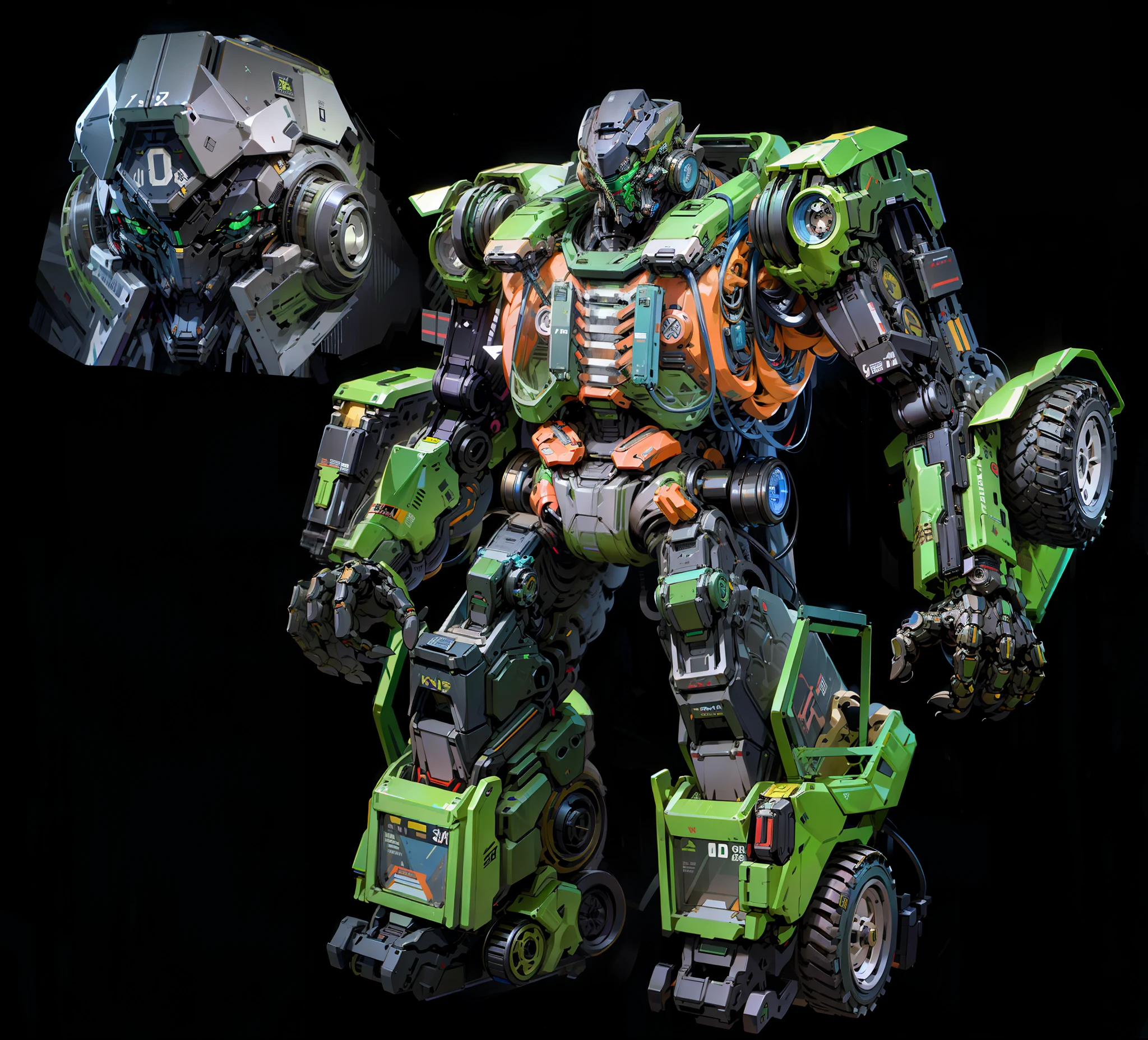 Robot, Epic Robot, Yellow-Green Livery, Machine Structure, Complex, Real, Humanoid Mech, Roland Ziervinskis 3d Render Art, Polycount Contest Winner, Humanoid Mech, 3D Rendered Stylized, Black Background, Beautiful Robot Character Design, Mech Portrait, Mecha, Tire, Transformer Style, Realism, Right Hands