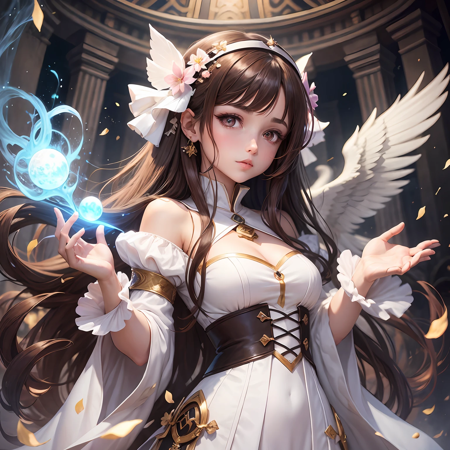 brunette woman, white dress, brown hair and eyes, healer, sorceress, sakura,, games, anime style, manga style --auto --s2