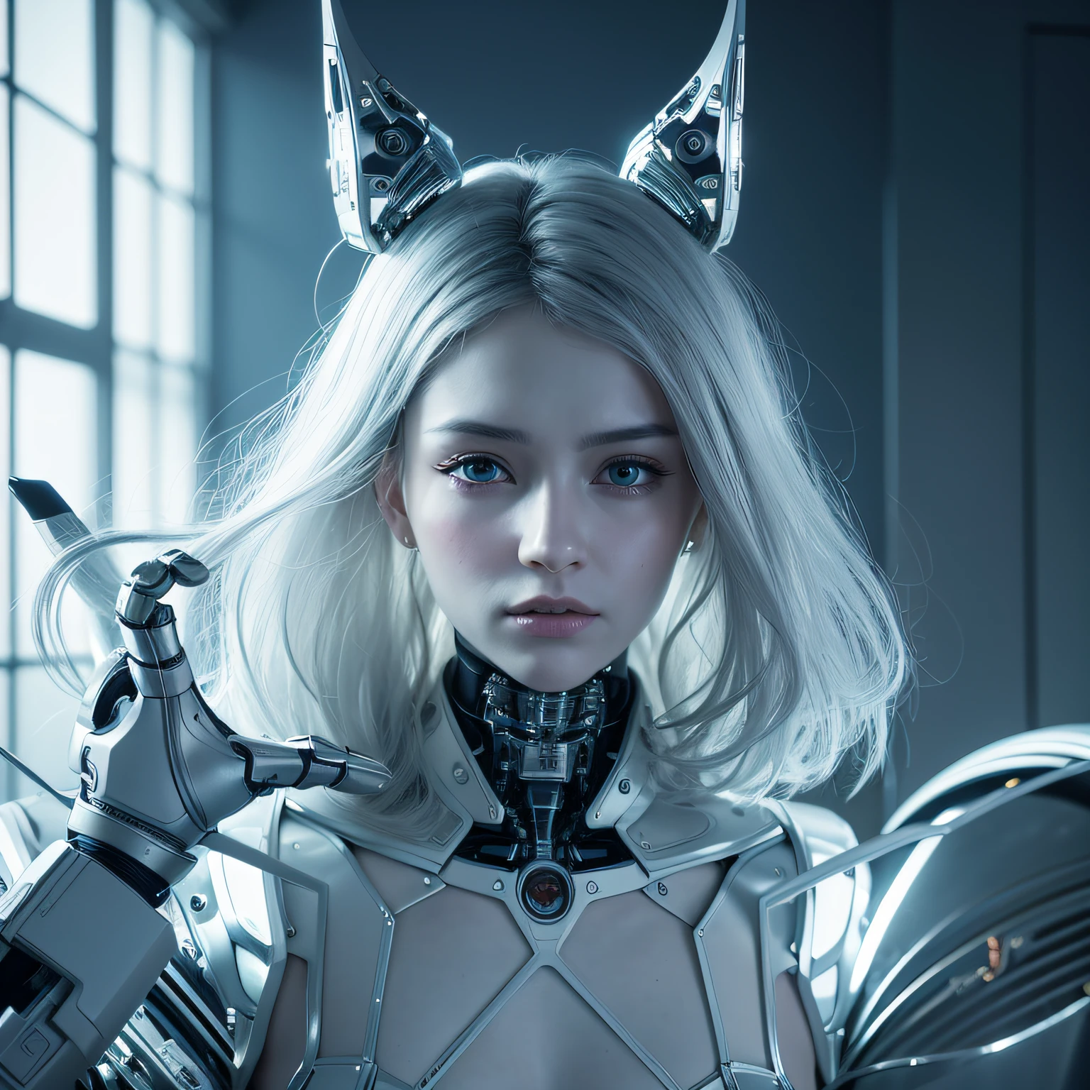 complex 3d render ultra detailed of a beautiful porcelain profile woman android face, cyborg, robotic parts, 150 mm, beautiful studio soft light, rim light, vibrant details, luxurious cyberpunk, lace, hyperrealistic, anatomical, facial muscles, cable electric wires, microchip, elegant, beautiful background, octane render, H. R. Giger style, 8k, best quality, masterpiece, illustration, an extremely delicate and beautiful, extremely detailed ,CG ,unity ,wallpaper, (realistic, photo-realistic:1.37),Amazing, finely detail, masterpiece,best quality,official art, extremely detailed CG unity 8k wallpaper, absurdres, incredibly absurdres, robot, silver halmet, full body,
