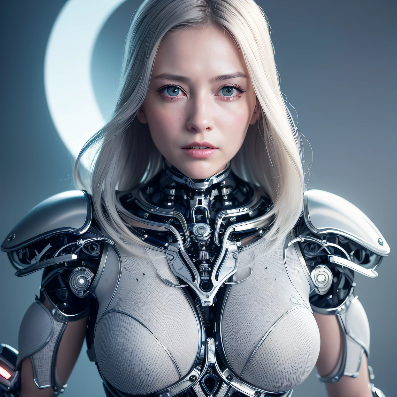 complex 3d render ultra detailed of a beautiful porcelain profile woman android face, cyborg, robotic parts, 150 mm, beautiful studio soft light, rim light, vibrant details, luxurious cyberpunk, lace, hyperrealistic, anatomical, facial muscles, cable electric wires, microchip, elegant, beautiful background, octane render, H. R. Giger style, 8k, best quality, masterpiece, illustration, an extremely delicate and beautiful, extremely detailed ,CG ,unity ,wallpaper, (realistic, photo-realistic:1.37),Amazing, finely detail, masterpiece,best quality,official art, extremely detailed CG unity 8k wallpaper, absurdres, incredibly absurdres, robot, silver halmet, full body,