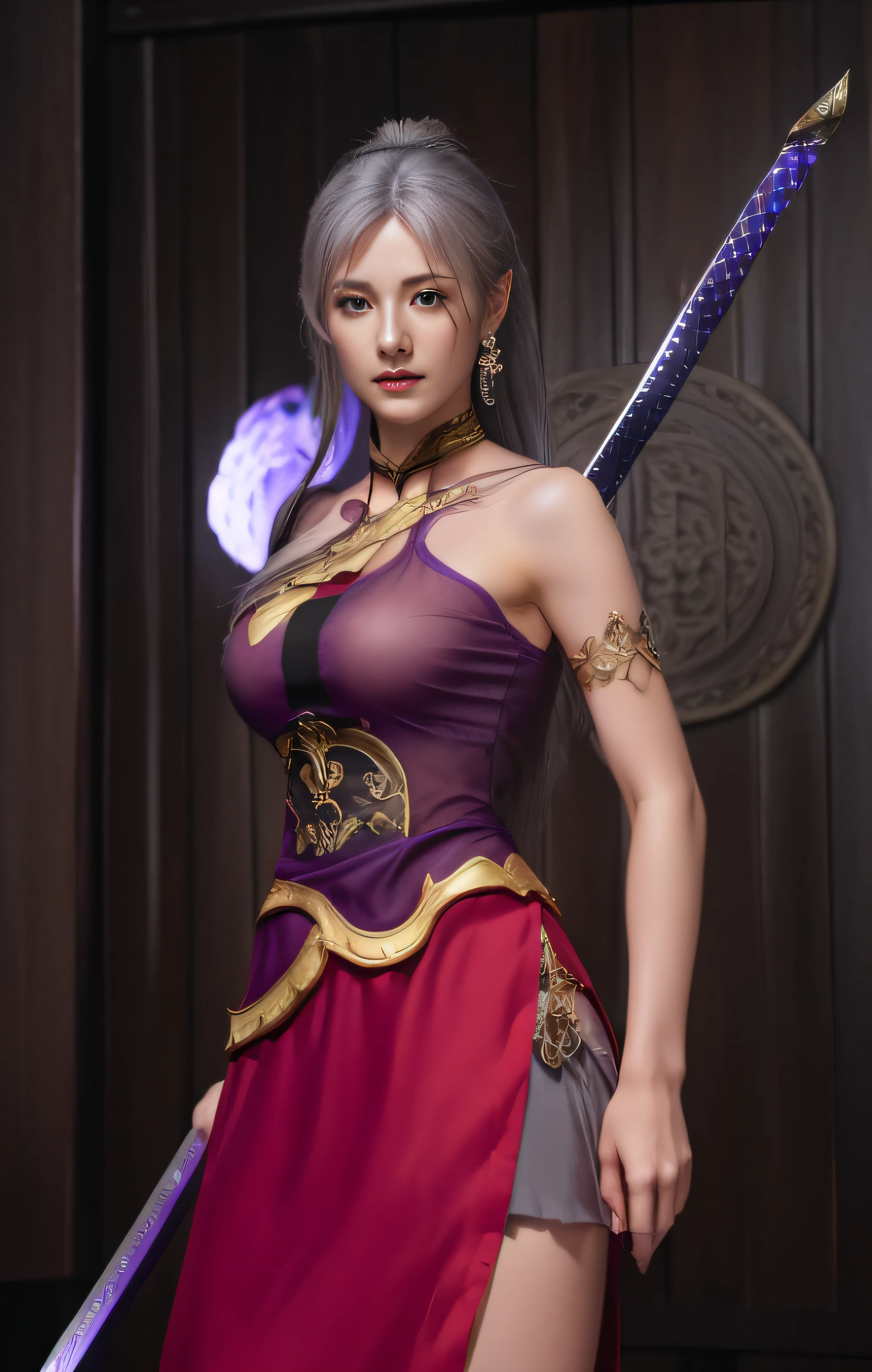 a close up of a woman in a purple dress holding a sword, a character portrait inspired by Lan Ying, trending on cg society, shin hanga, full body xianxia, katana zero video game character, lunar themed attire, game cg, yun ling, xianxia hero, as a character in tekken, warrior outfit, final fantasy character, fighting game character, (masterpiece:1.4), (8k, photorealistic, RAW photo, best quality: 1.4), japanese, beautiful face, (realistic face:1.4), (ash-grey hair, high detailed hair :1.3), beautiful hairstyle, realistic eyes, beautiful detailed eyes, (realistic skin:1.3), beautiful skin, attractive, ultra high res, ultra realistic, highly detailed, golden ratio, (detailed face:1.4), (realistic medium :1.4), (braless:1.4), perky_nippleshrough outfit, transparent outfit, (nsfw:1.25)