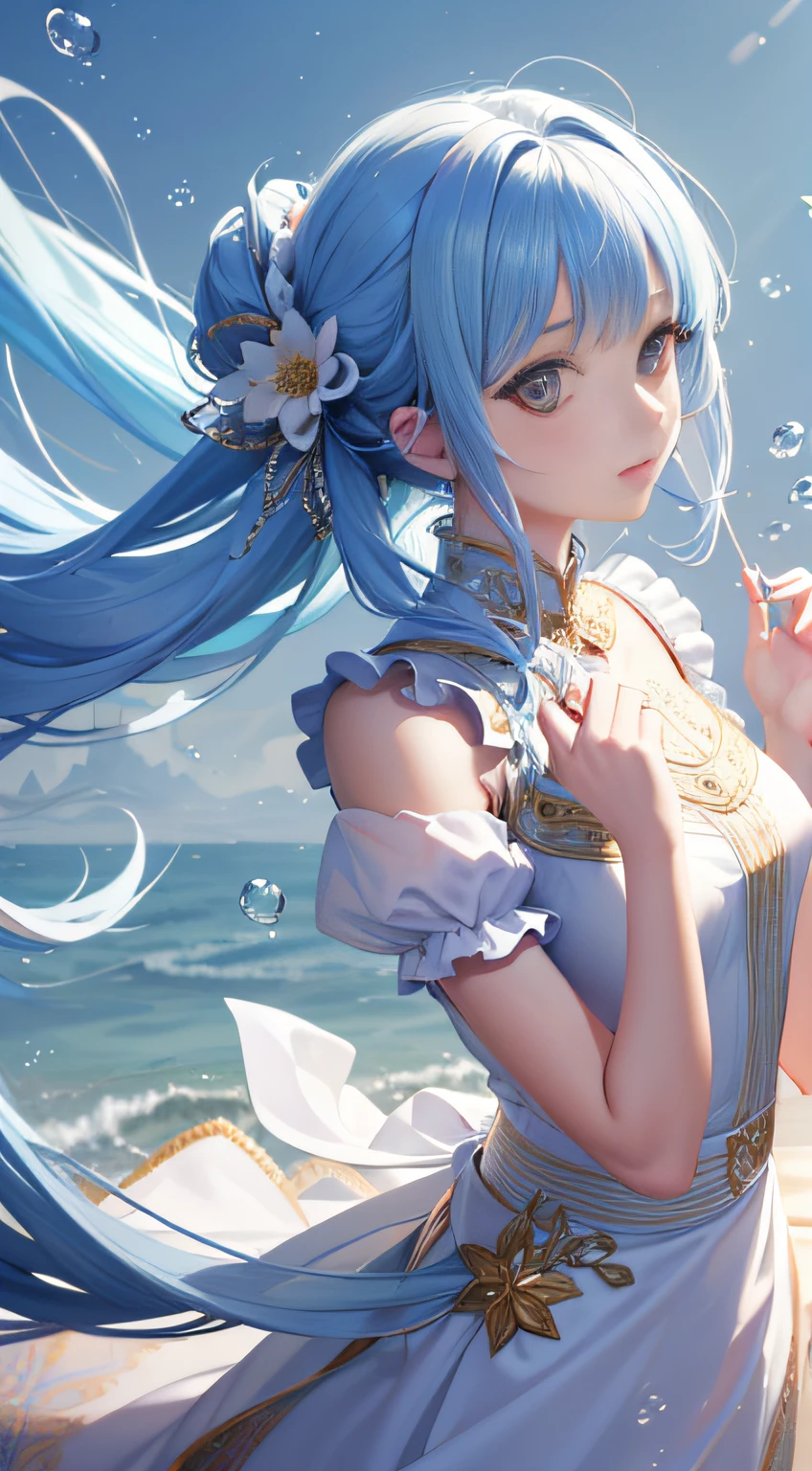 (masterpiece), (best quality), (ultra detailed),(disheed hair),(illustration), (1girl), (Fashionable clothing), standing, Fashion model, looking at viewer, (interview), (simple background), Beautiful detailed eyes, delicate beauty, floating, (high saturation), (colorful splash), colorful bubbles, (shine), focus on the face, ponytail, Ayaka Kamisato, light blue hair, bangs, scrunchies, floating flowers, flowing hair, (shiny), best lighting, best shadows, perfect hands