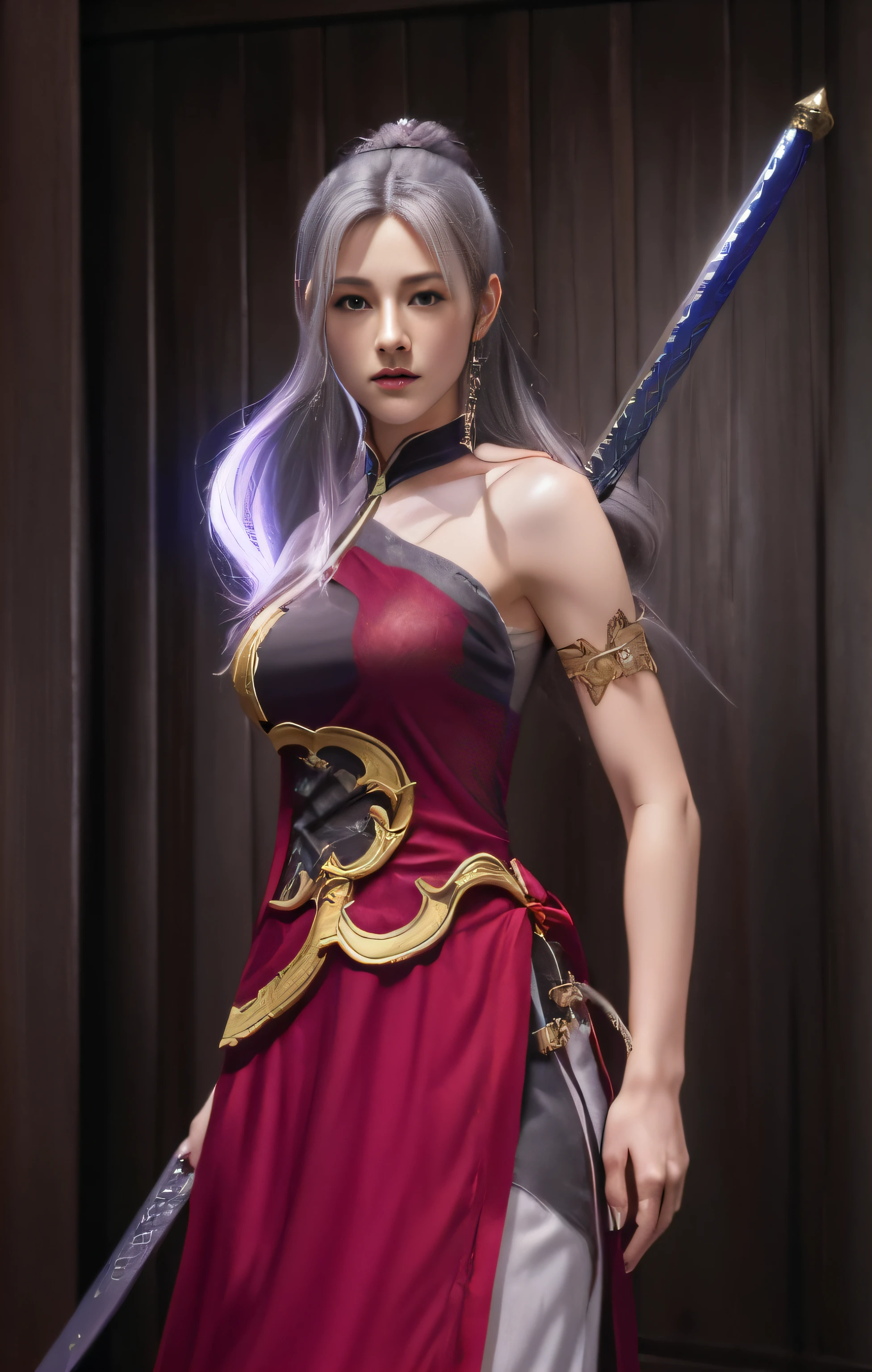 a close up of a woman in a purple dress holding a sword, a character portrait inspired by Lan Ying, trending on cg society, shin hanga, full body xianxia, katana zero video game character, lunar themed attire, game cg, yun ling, xianxia hero, as a character in tekken, warrior outfit, final fantasy character, fighting game character, (masterpiece:1.4), (8k, photorealistic, RAW photo, best quality: 1.4), japanese, beautiful face, (realistic face:1.4), (ash-grey hair, high detailed hair :1.3), beautiful hairstyle, realistic eyes, beautiful detailed eyes, (realistic skin:1.3), beautiful skin, attractive, ultra high res, ultra realistic, highly detailed, golden ratio, (detailed face:1.4), (realistic medium breasts:1.4), (braless:1.4), perky_nipples, see-through outfit, transparent outfit, (nsfw:1.25)