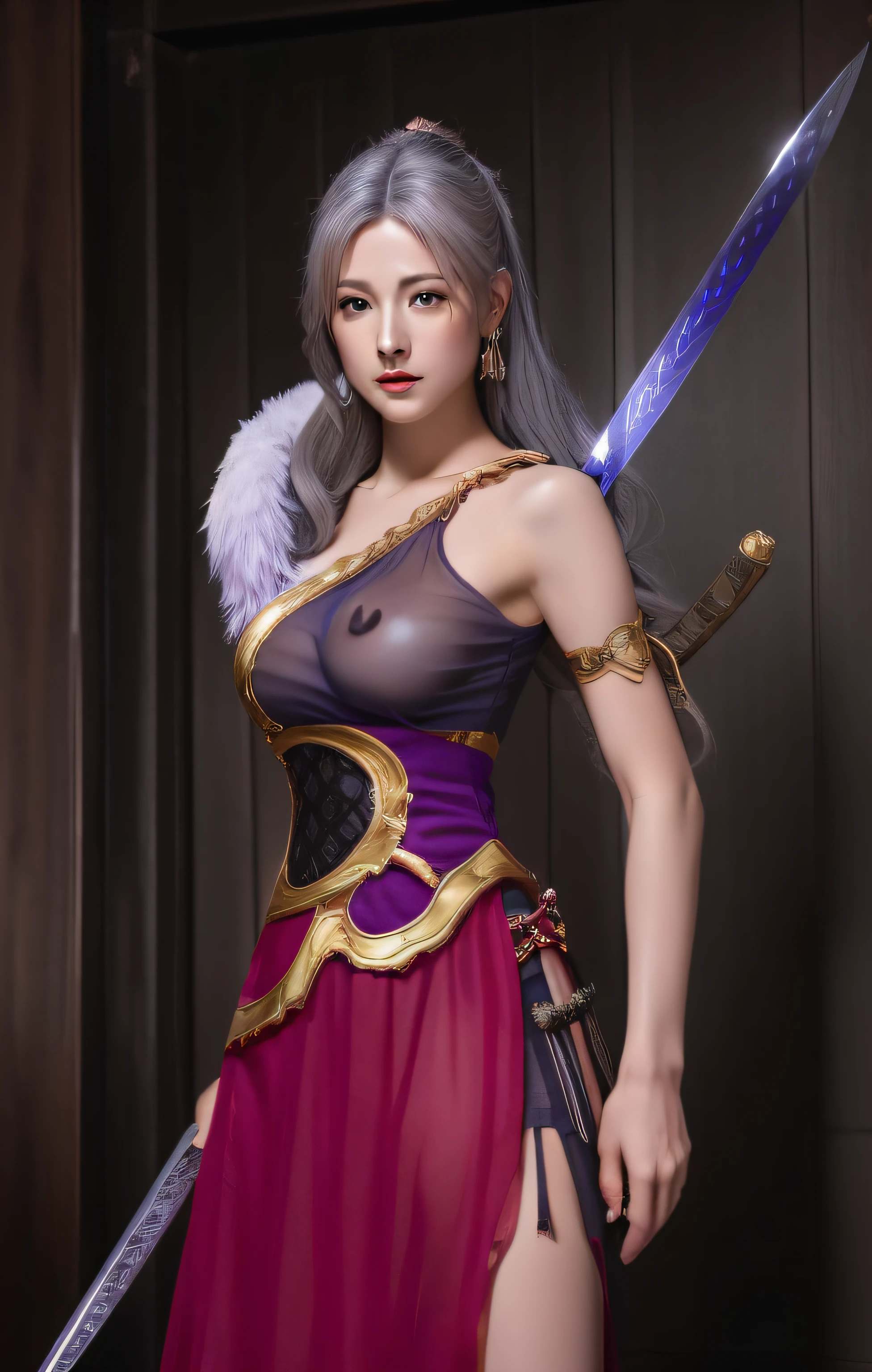 a close up of a woman in a purple dress holding a sword, a character portrait inspired by Lan Ying, trending on cg society, shin hanga, full body xianxia, katana zero video game character, lunar themed attire, game cg, yun ling, xianxia hero, as a character in tekken, warrior outfit, final fantasy character, fighting game character, (masterpiece:1.4), (8k, photorealistic, RAW photo, best quality: 1.4), japanese, beautiful face, (realistic face:1.4), (grey hair, high detailed hair :1.3), beautiful hairstyle, realistic eyes, beautiful detailed eyes, (realistic skin:1.3), beautiful skin, attractive, ultra high res, ultra realistic, highly detailed, golden ratio, (detailed face:1.4), (realistic medium breasts:1.4), (braless:1.4), perky_nipples, see-through outfit, transparent outfit, (nsfw:1.25)