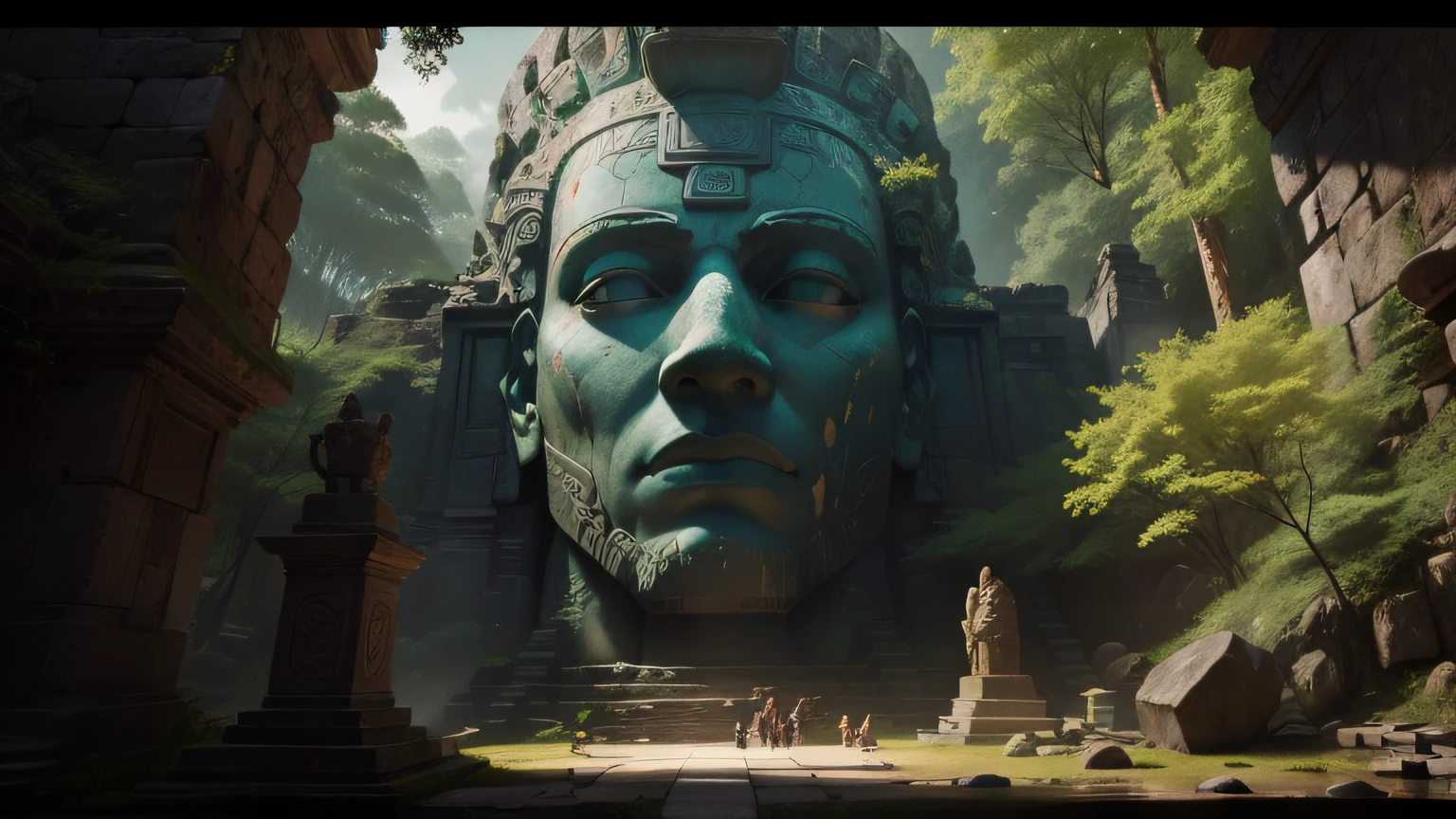 there is a large stone statue in the middle of a forest, unreal maya, amazing splashscreen artwork, ryan meinerding, ruin, imax close-up of face, ruined temple, 2020 video game screenshot, moai, inspired by Thomas Corsan Morton, by Arvid Nyholm, epic graphics