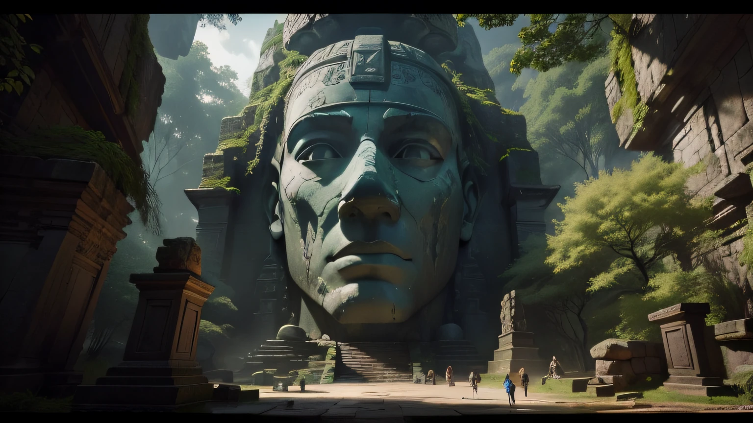 there is a large stone statue in the middle of a forest, unreal maya, amazing splashscreen artwork, ryan meinerding, ruin, imax close-up of face, ruined temple, 2020 video game screenshot, moai, inspired by Thomas Corsan Morton, by Arvid Nyholm, epic graphics