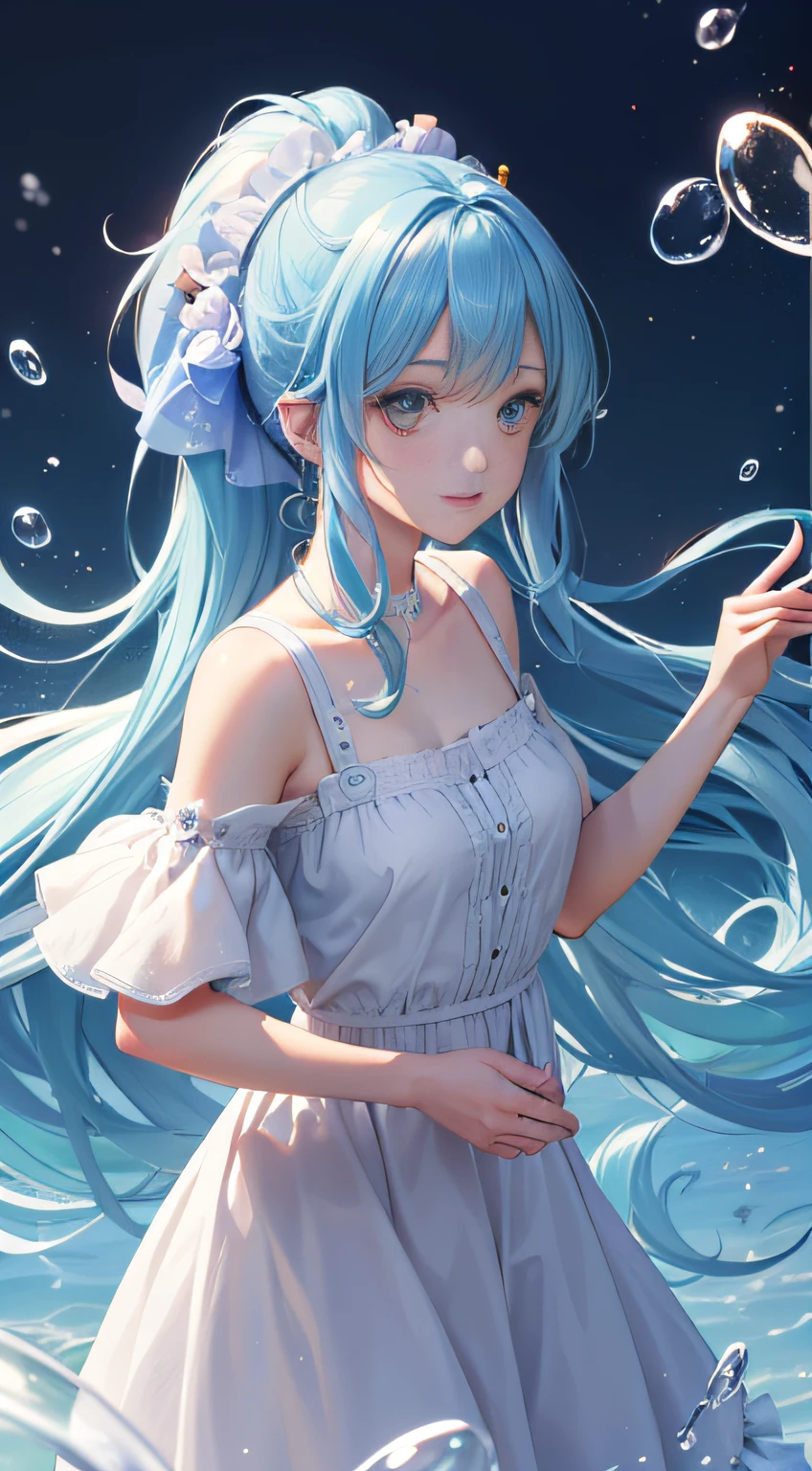 (masterpiece), (best quality), (ultra detailed),(disheed hair),(illustration), (1girl), (Fashionable clothing), standing, Fashion model, looking at viewer, (interview), (simple background), Beautiful detailed eyes, delicate beauty, floating, (high saturation), (colorful splash), colorful bubbles, (shine), focus on the face, ponytail, Ayaka Kamisato, light blue hair, bangs, scrunchies, floating flowers, flowing hair, (shiny), best lighting, best shadows, perfect hands