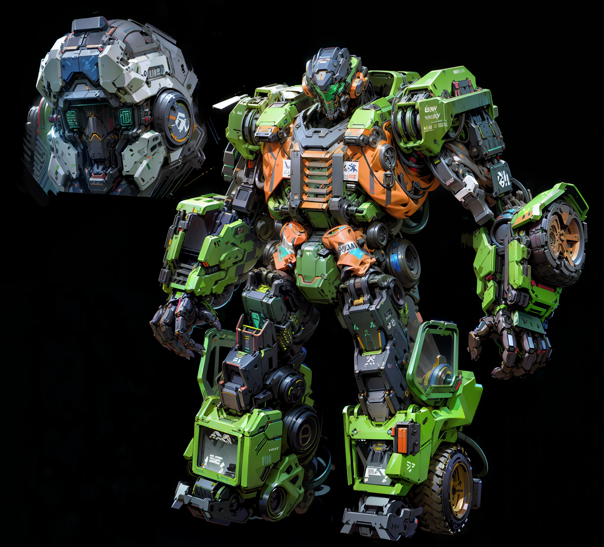 Robot, Epic Robot, Yellow-Green Livery, Machine Structure, Complex, Real, Humanoid Mech, Roland Ziervinskis 3d Render Art, Polycount Contest Winner, Humanoid Mech, 3D Rendered Stylized, Black Background, Beautiful Robot Character Design, Mech Portrait, Mecha, Tire, Transformer Style, Realism, Right Hands
