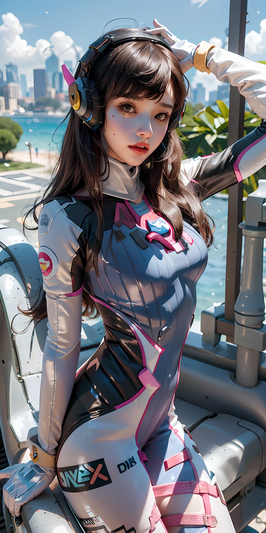 Masterpiece, Best Quality, 1Girl, D.Va (Overwatch), Solo, Long Hair, Beard Markings, Tights, Brown Hair, Face Markers, Gloves, Breasts, Brown Eyes, Latex Bodysuit, Latex Gloss, Over-Earmarked Headphones, White Glovemits, Medium Tits, Slanted Bangs, Skinny, , Ribbed Bodysuit, Varnish, Pink Lips, (Gray Background: 1.2), Simple Background, (KBXLL: 0.6), Big Breasts, Big Breasts, Sexy, Buttocks, Hot , big breasts, cleavage, big tits, detailed