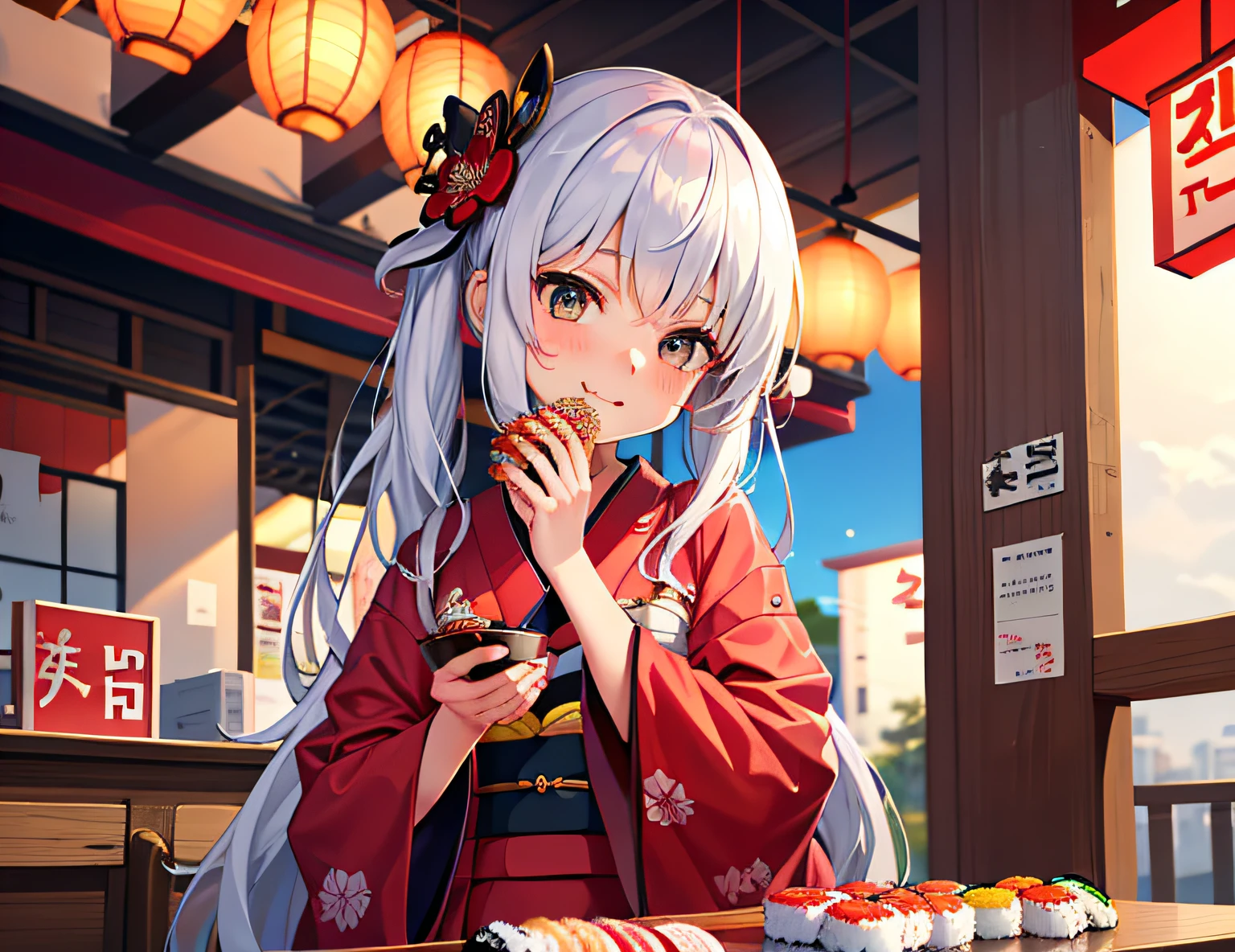 Girl eating bite-sized sushi at a sushi stall, fingers beautiful, wearing kimono