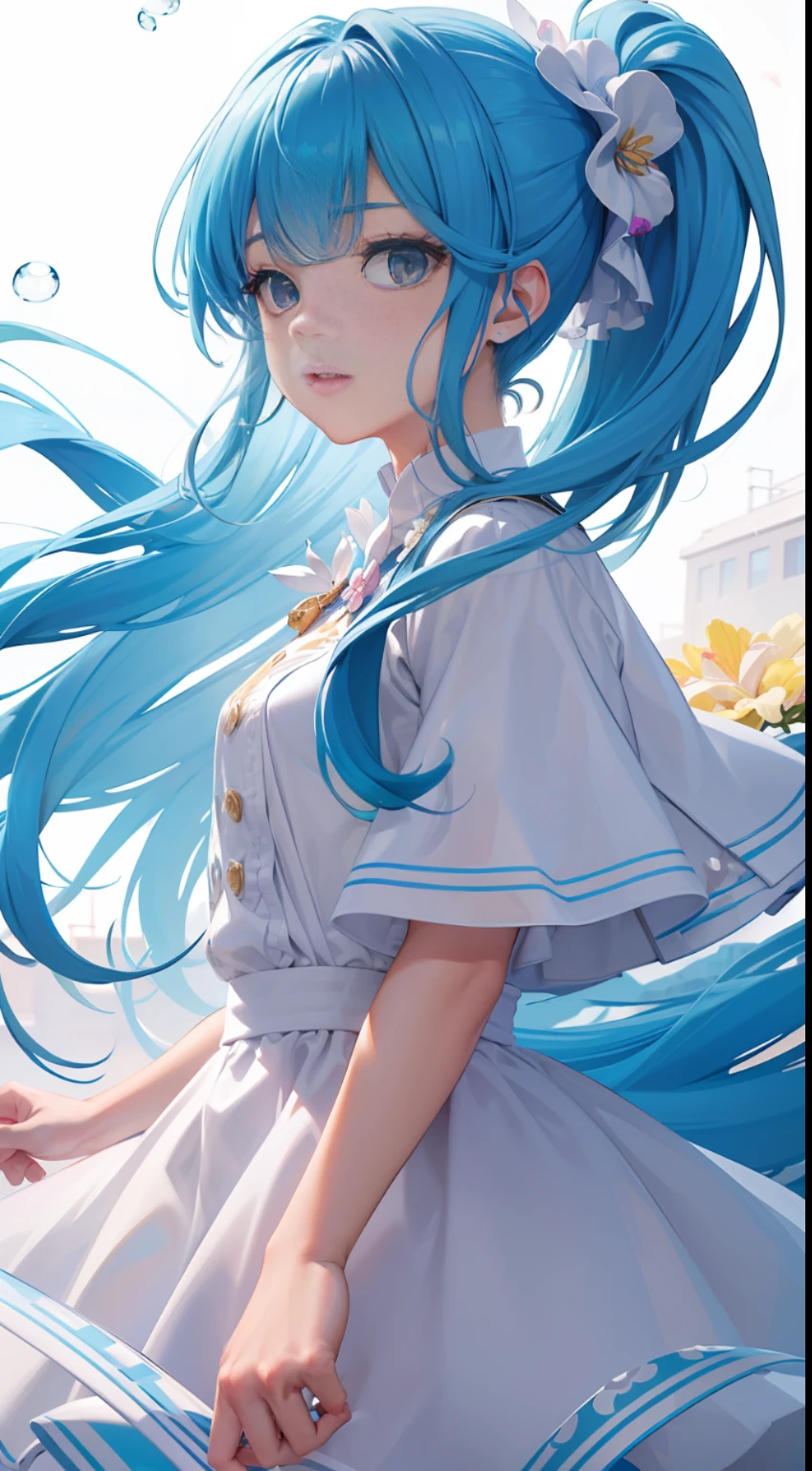 (masterpiece), (best quality), (ultra detailed),(disheed hair),(illustration), (1girl), (Fashionable clothing), standing, Fashion model, looking at viewer, (interview), (simple background), Beautiful detailed eyes, delicate beauty, floating, (high saturation), (colorful splash), colorful bubbles, (shine), focus on the face, ponytail, Ayaka Kamisato, light blue hair, bangs, scrunchies, floating flowers, flowing hair, (shiny), best lighting, best shadows, perfect hands