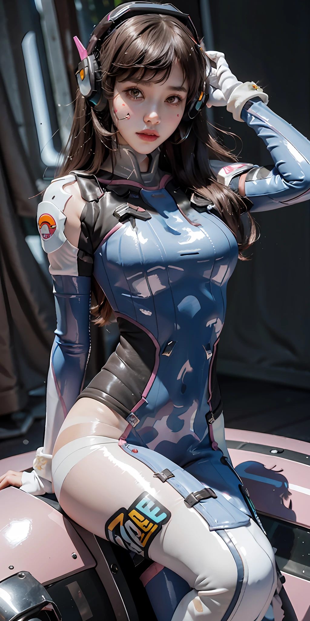 Masterpiece, Best Quality, 1Girl, D.Va (Overwatch), Solo, Long Hair, Beard Markings, Tights, Brown Hair, Face Markers, Gloves, Breasts, Brown Eyes, Latex Bodysuit, Latex Gloss, Over-Earmarked Headphones, White Glovemits, Medium Tits, Slanted Bangs, Skinny, , Ribbed Bodysuit, Varnish, Pink Lips, (Gray Background: 1.2), Simple Background, (KBXLL: 0.6), Big Breasts, Big Breasts, Sexy, Buttocks, Hot , big breasts, cleavage, big tits, detailed