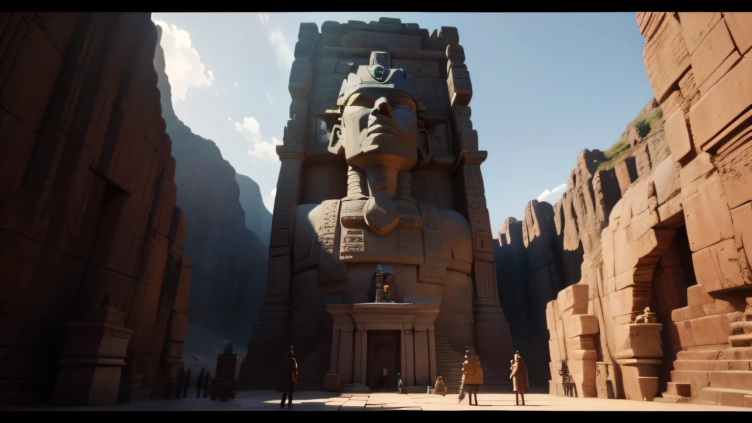 there is a large statue of a man in a canyon, playable trailer, inspired by Enrique Tábara, submerged pre - incan temple, trending on unreal engine, gigantic pillars and flowers, video game screenshot>, gamedesign, the sphinx, the witness, by Kim Du-ryang, moai