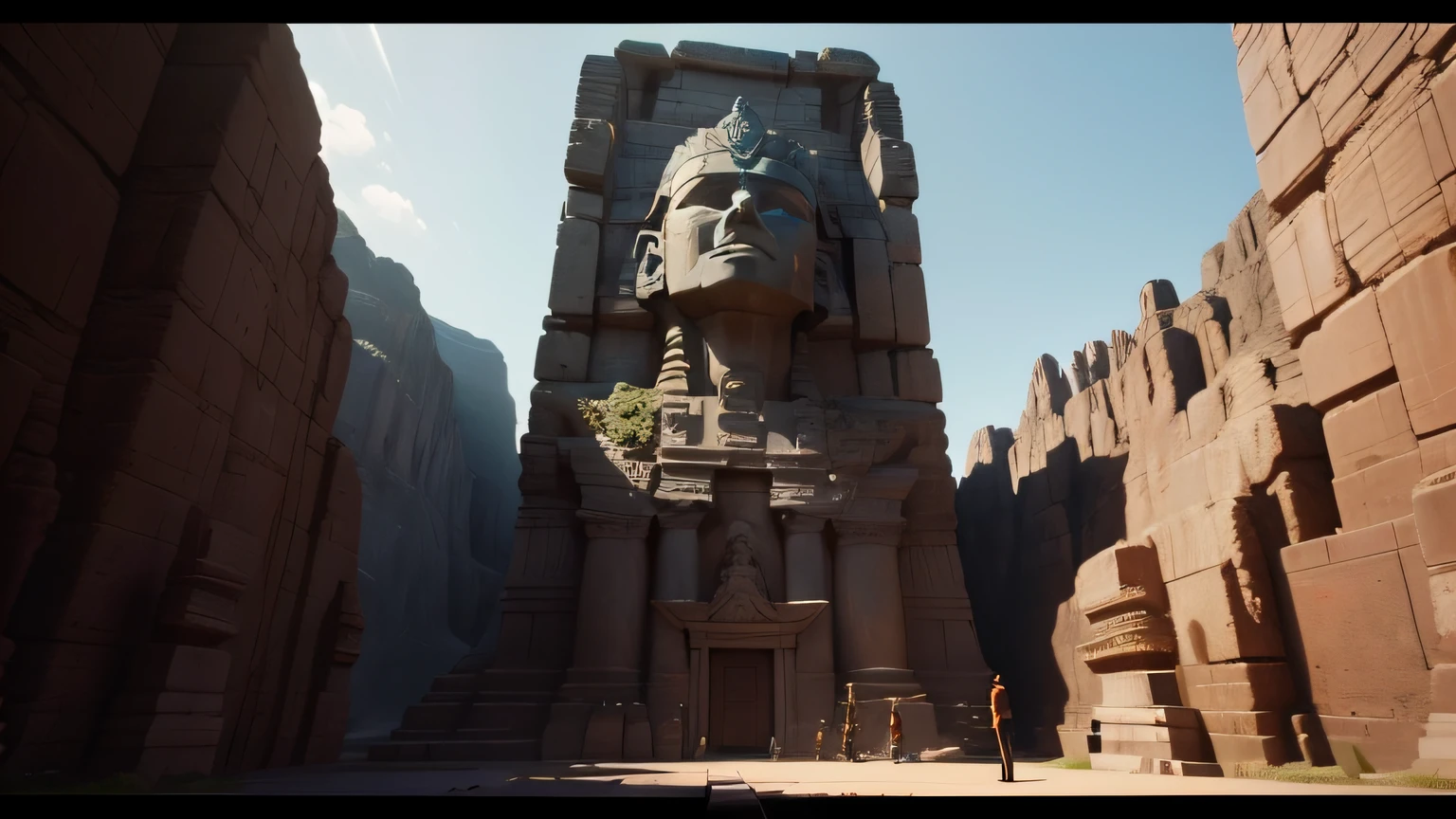 there is a large statue of a man in a canyon, playable trailer, inspired by Enrique Tábara, submerged pre - incan temple, trending on unreal engine, gigantic pillars and flowers, video game screenshot>, gamedesign, the sphinx, the witness, by Kim Du-ryang, moai